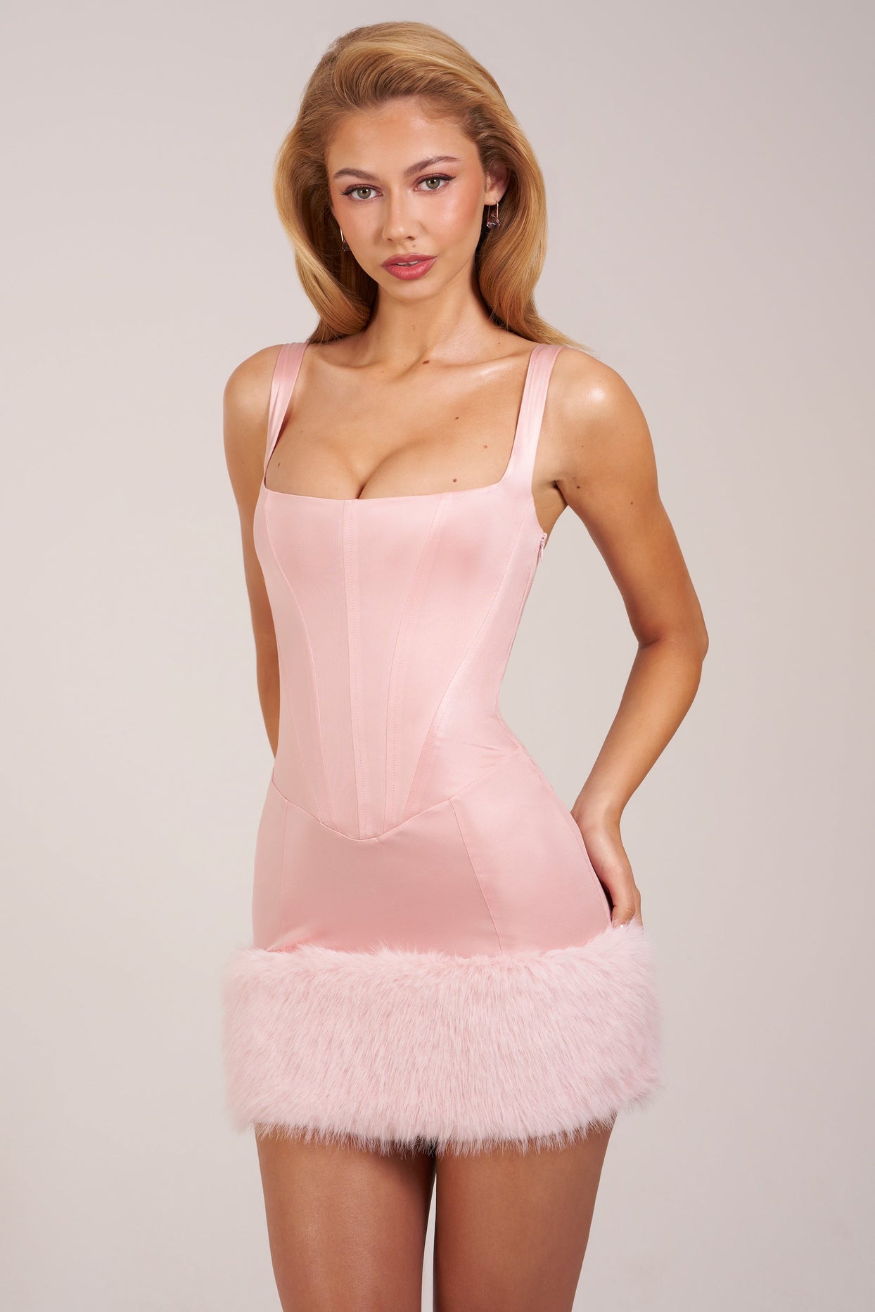 Satin Square-Neck Corset Faux-Fur Mini Dress in Blush Pink
