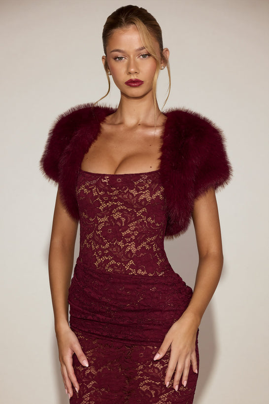 Faux-Fur Short Sleeve Bolero in Wine Red