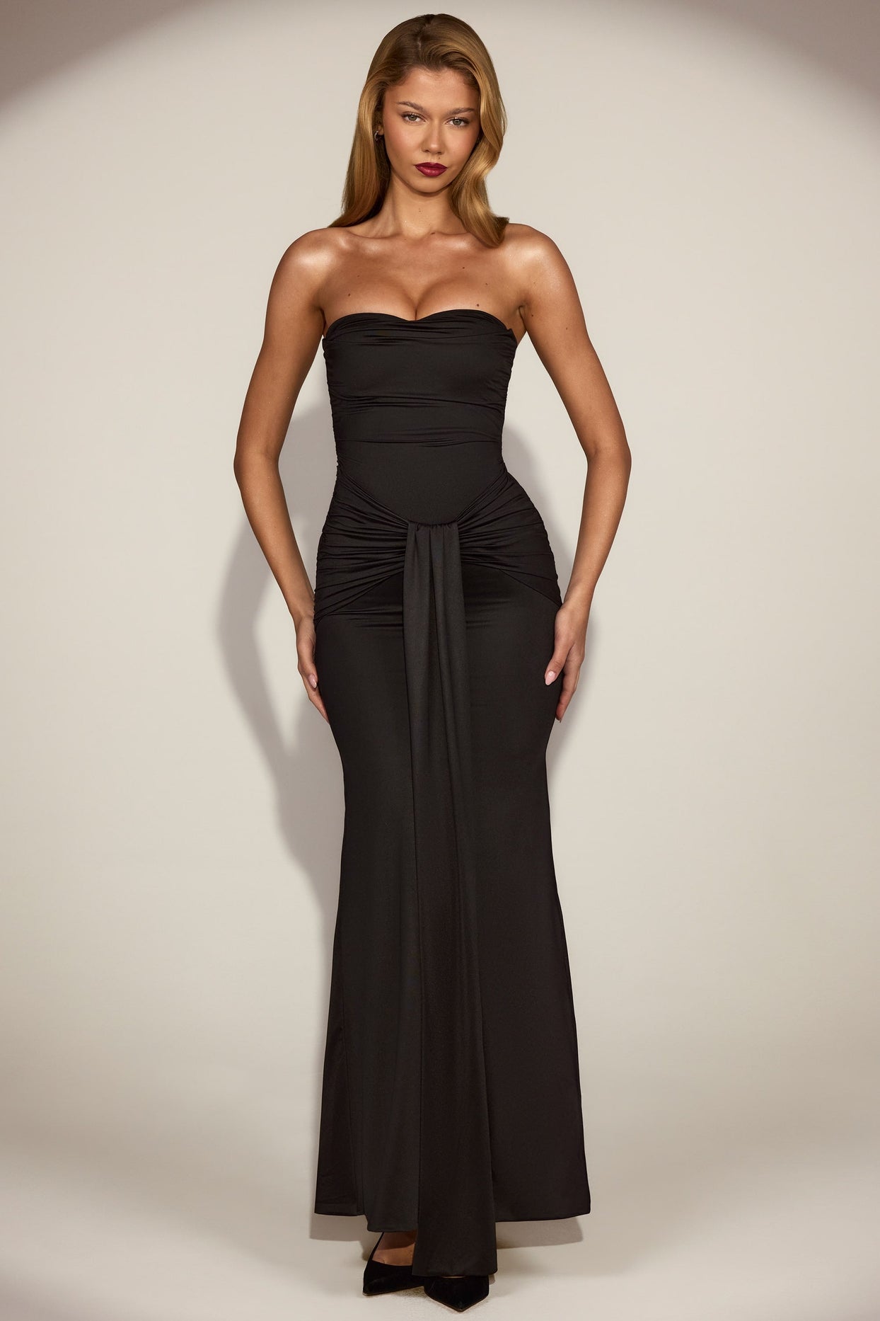 Draped Bandeau Peekaboo Gown in Black