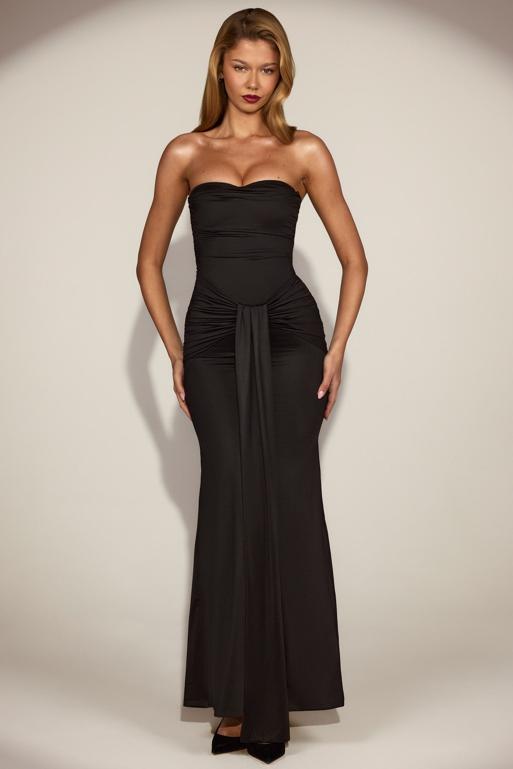 Satin Peekaboo Bandeau Draped Gown in Black - 1