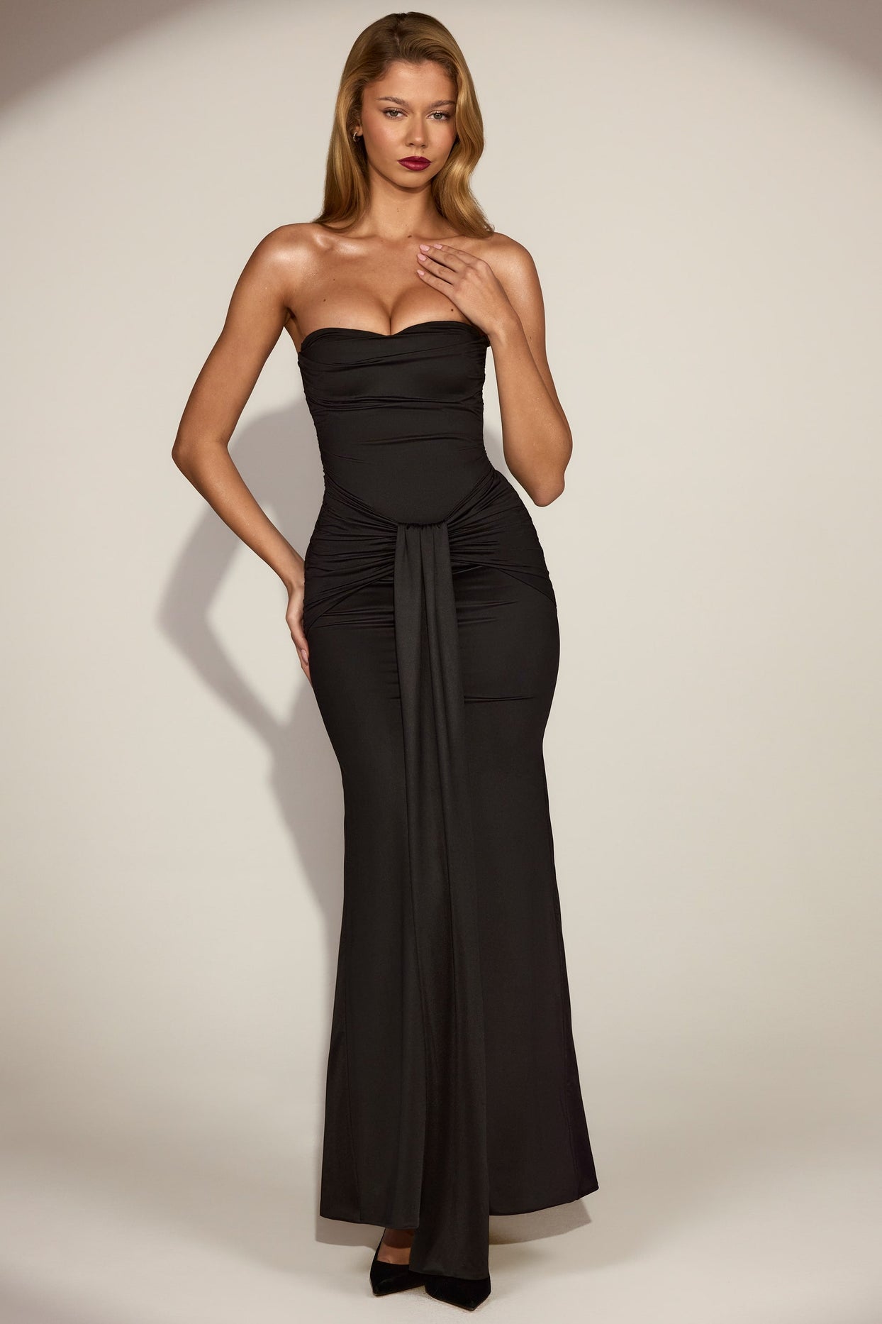 Draped Bandeau Peekaboo Gown in Black