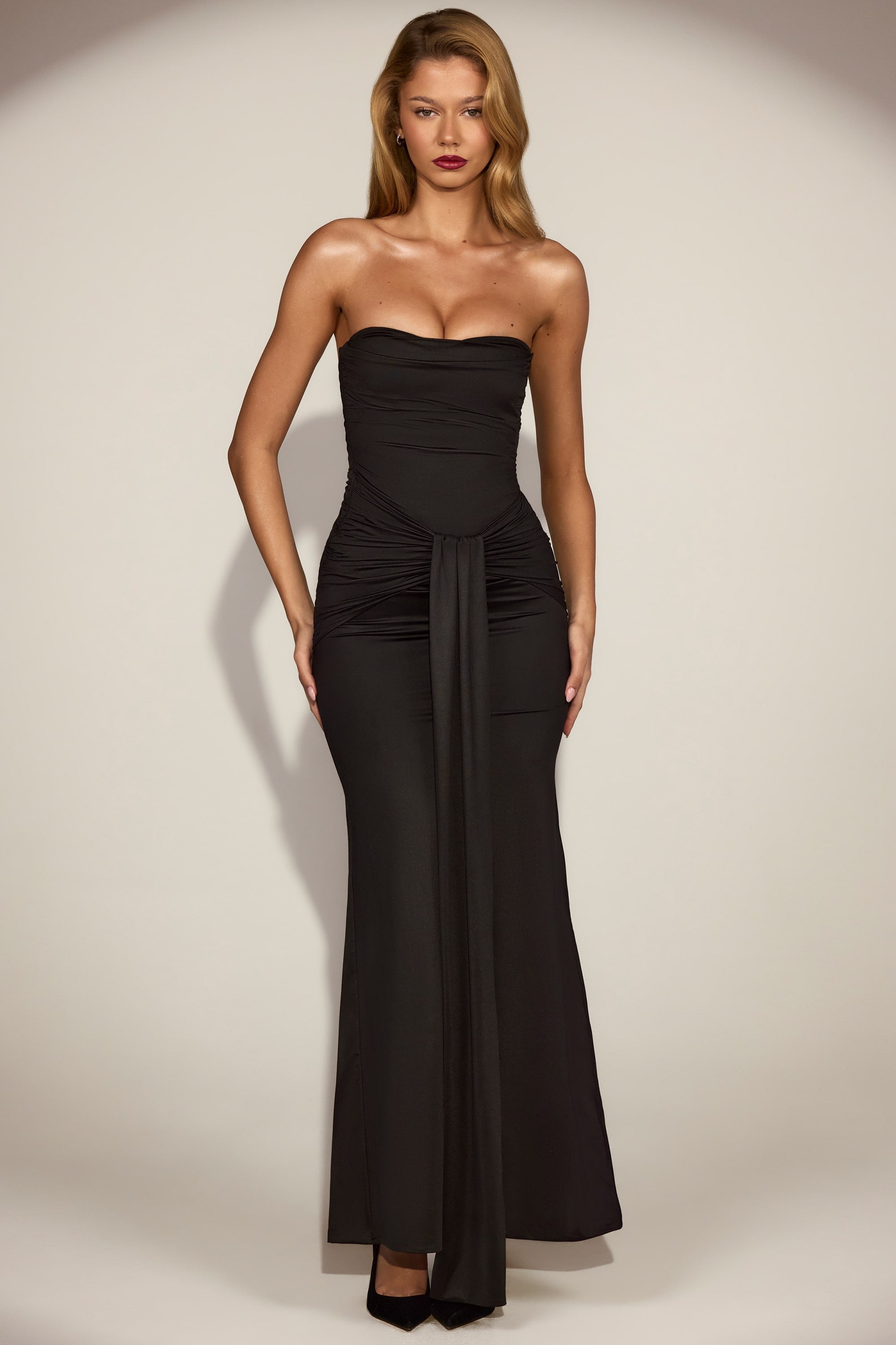 Satin Peekaboo Bandeau Draped Gown in Black