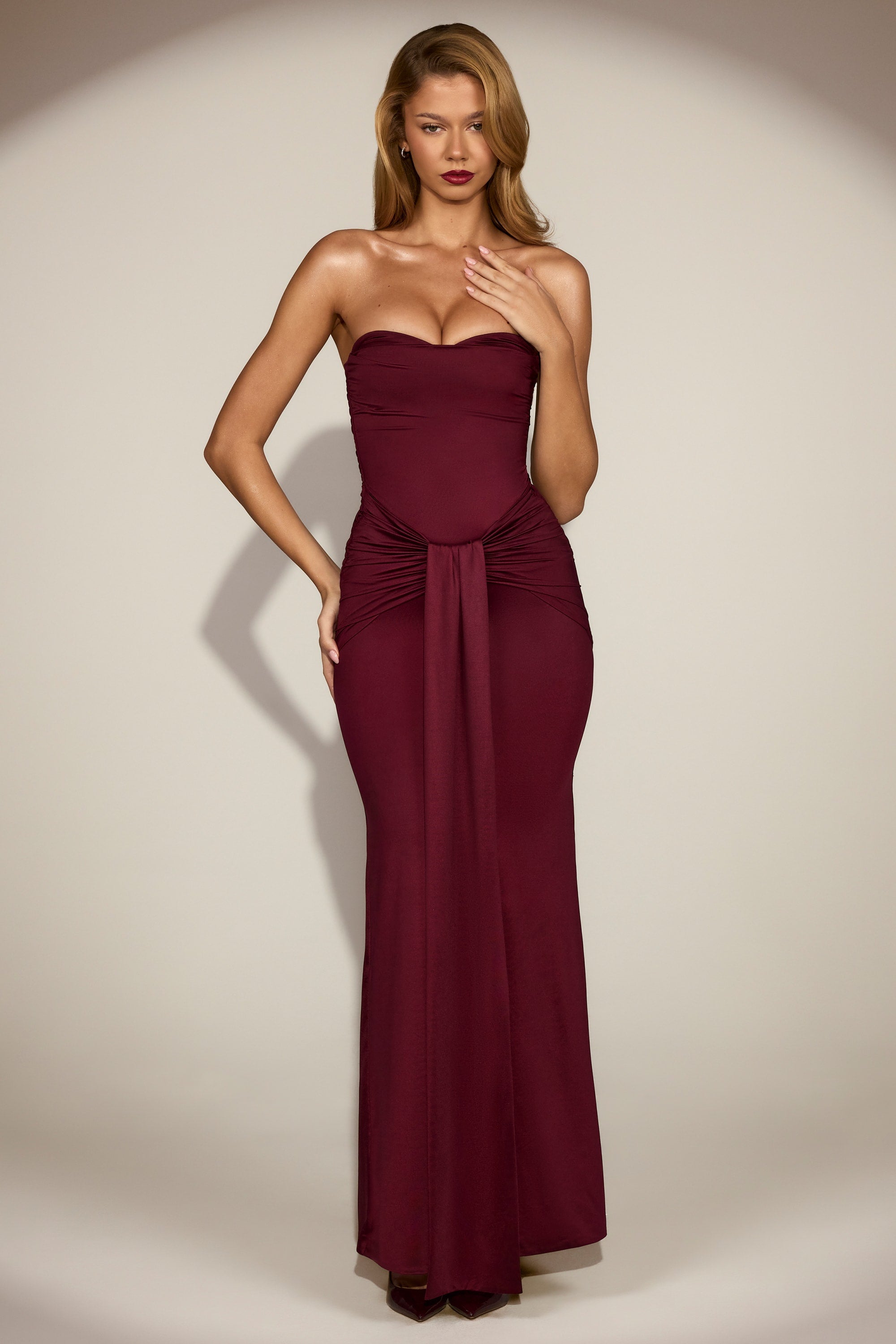 Satin Peekaboo Bandeau Draped Gown in Wine Red