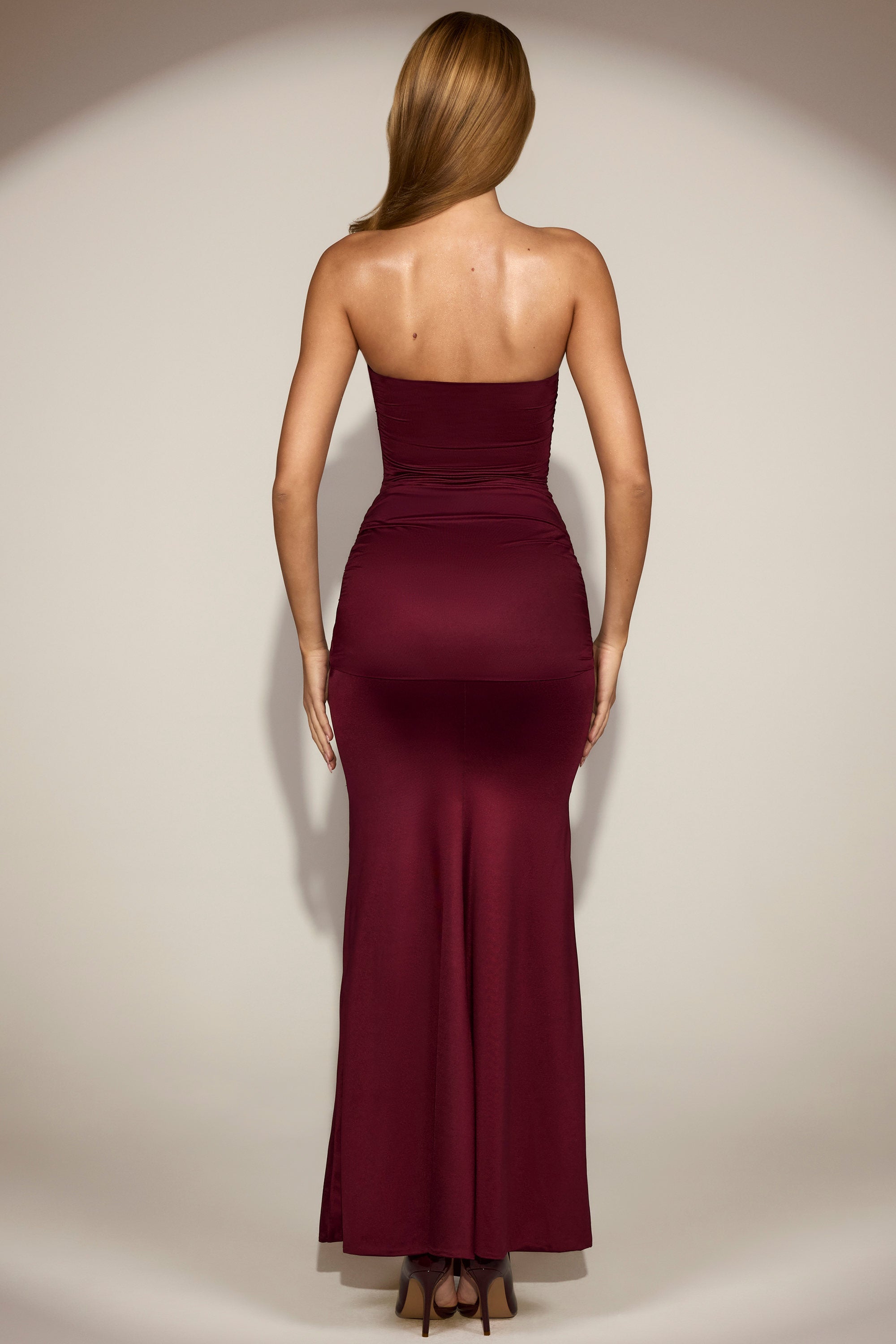 Satin Peekaboo Bandeau Draped Gown in Wine Red