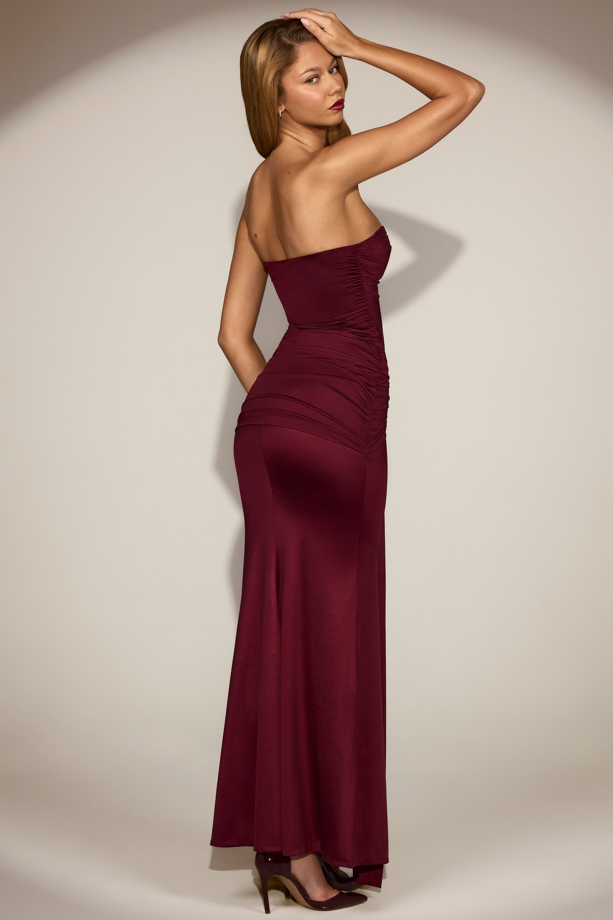Satin Peekaboo Bandeau Draped Gown in Wine Red