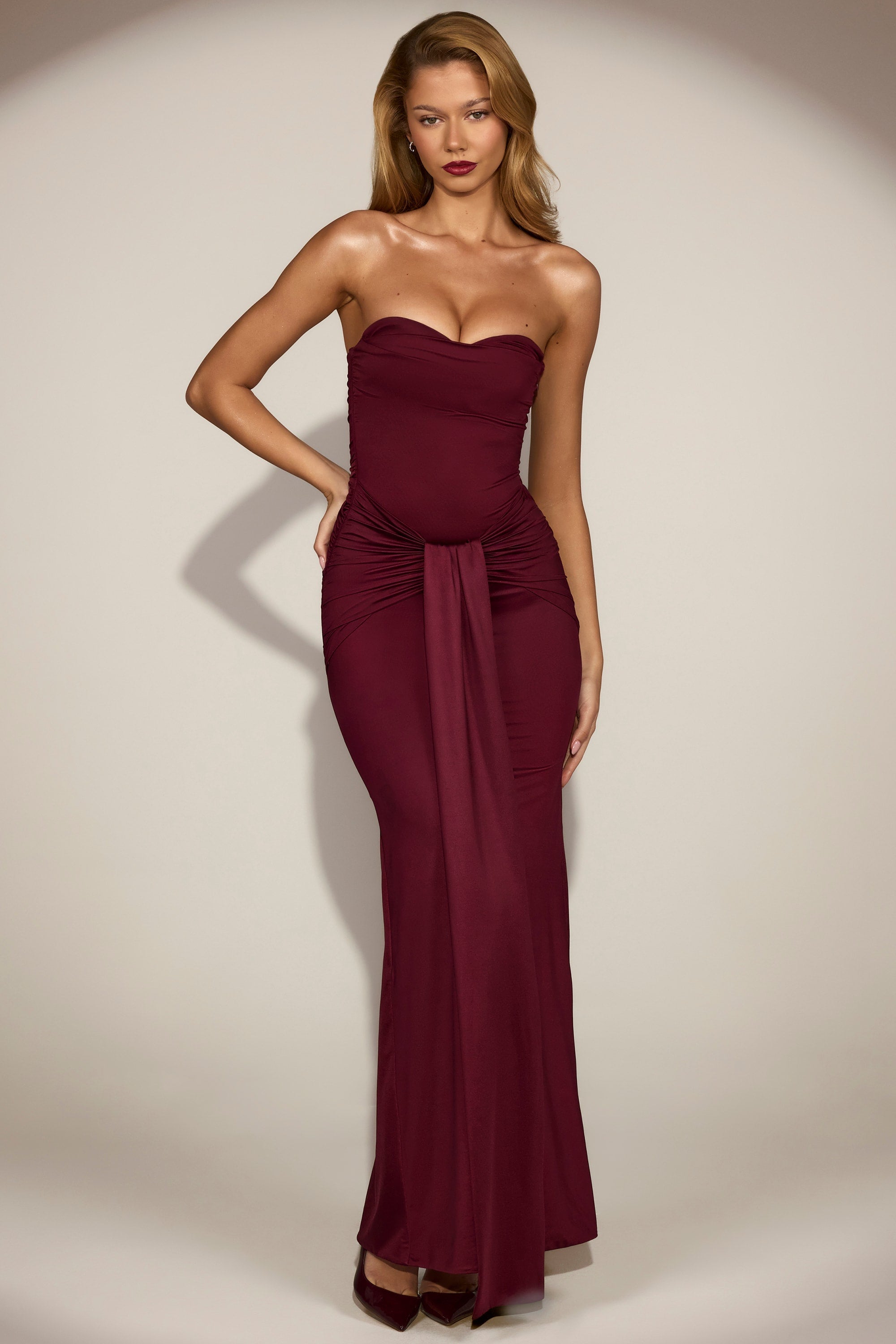 Satin Peekaboo Bandeau Draped Gown in Wine Red