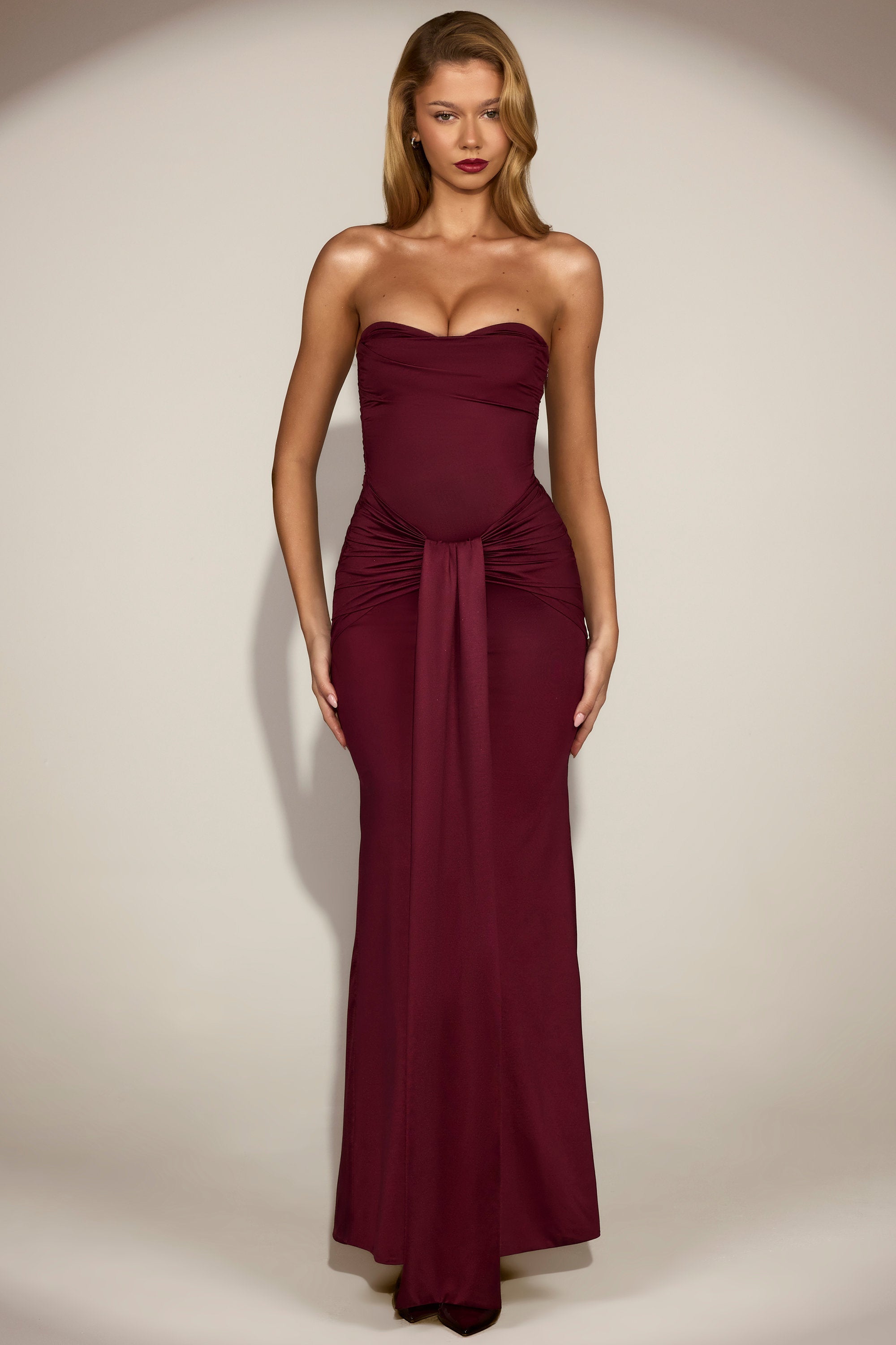 Satin Peekaboo Bandeau Draped Gown in Wine Red