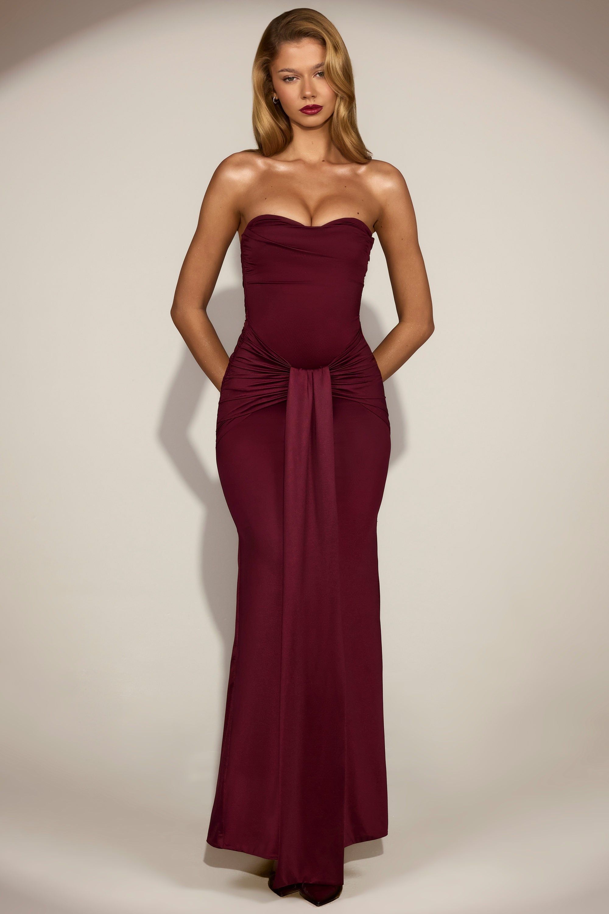 Satin Peekaboo Bandeau Draped Gown in Wine Red