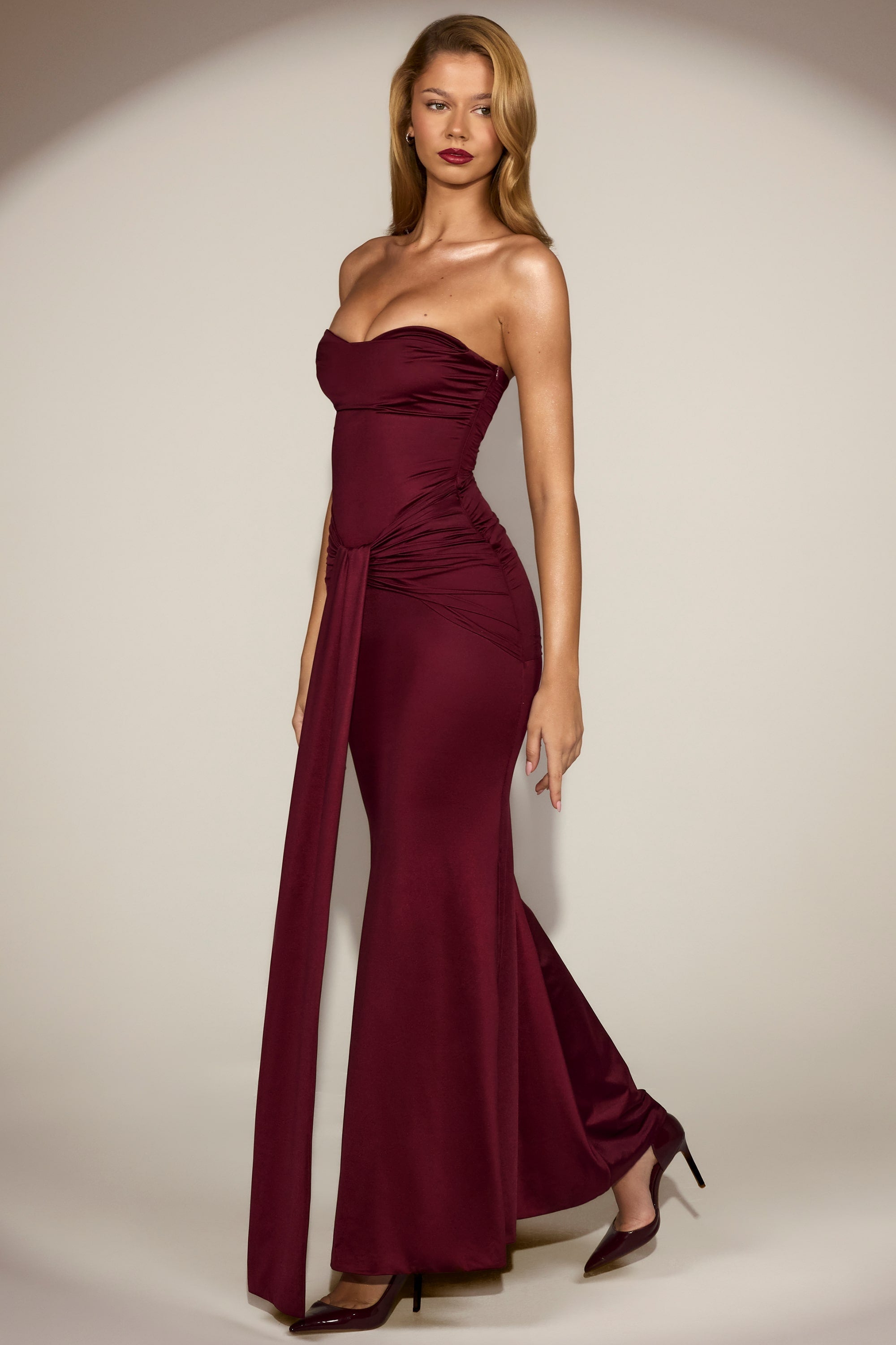 Satin Peekaboo Bandeau Draped Gown in Wine Red