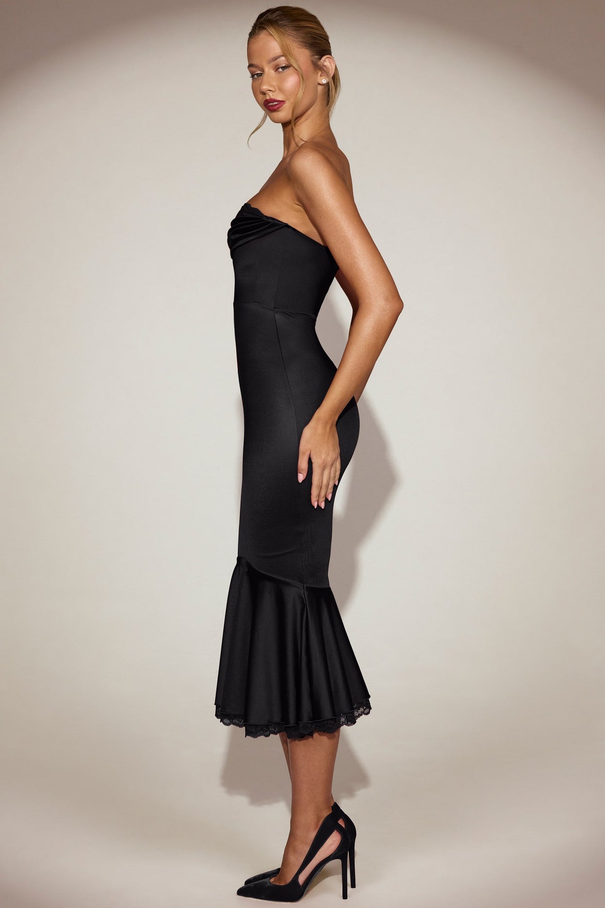 Lace-Trim Bandeau Midaxi Dress in Black