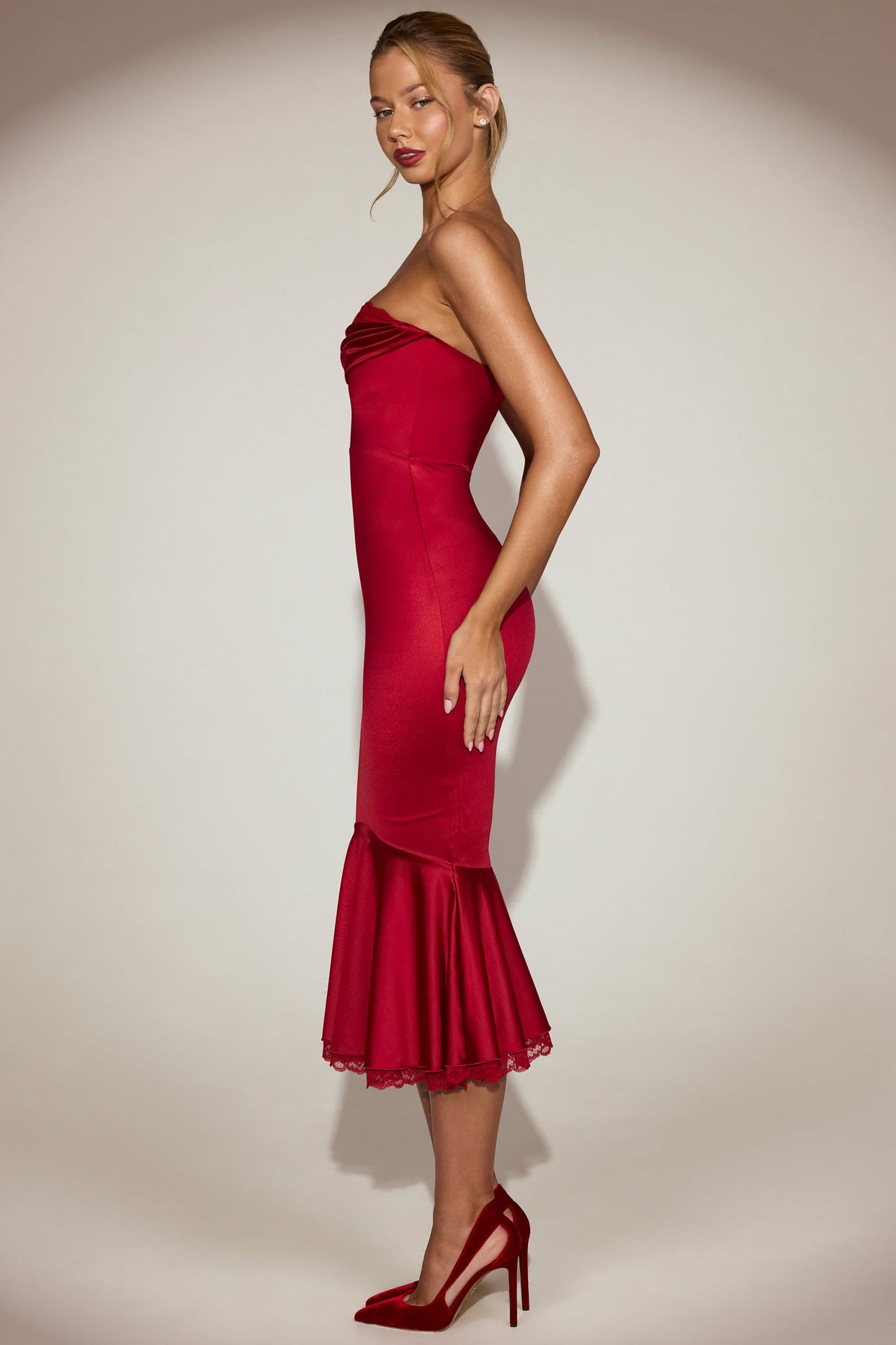 Lace-Trim Bandeau Midaxi Dress in True Red