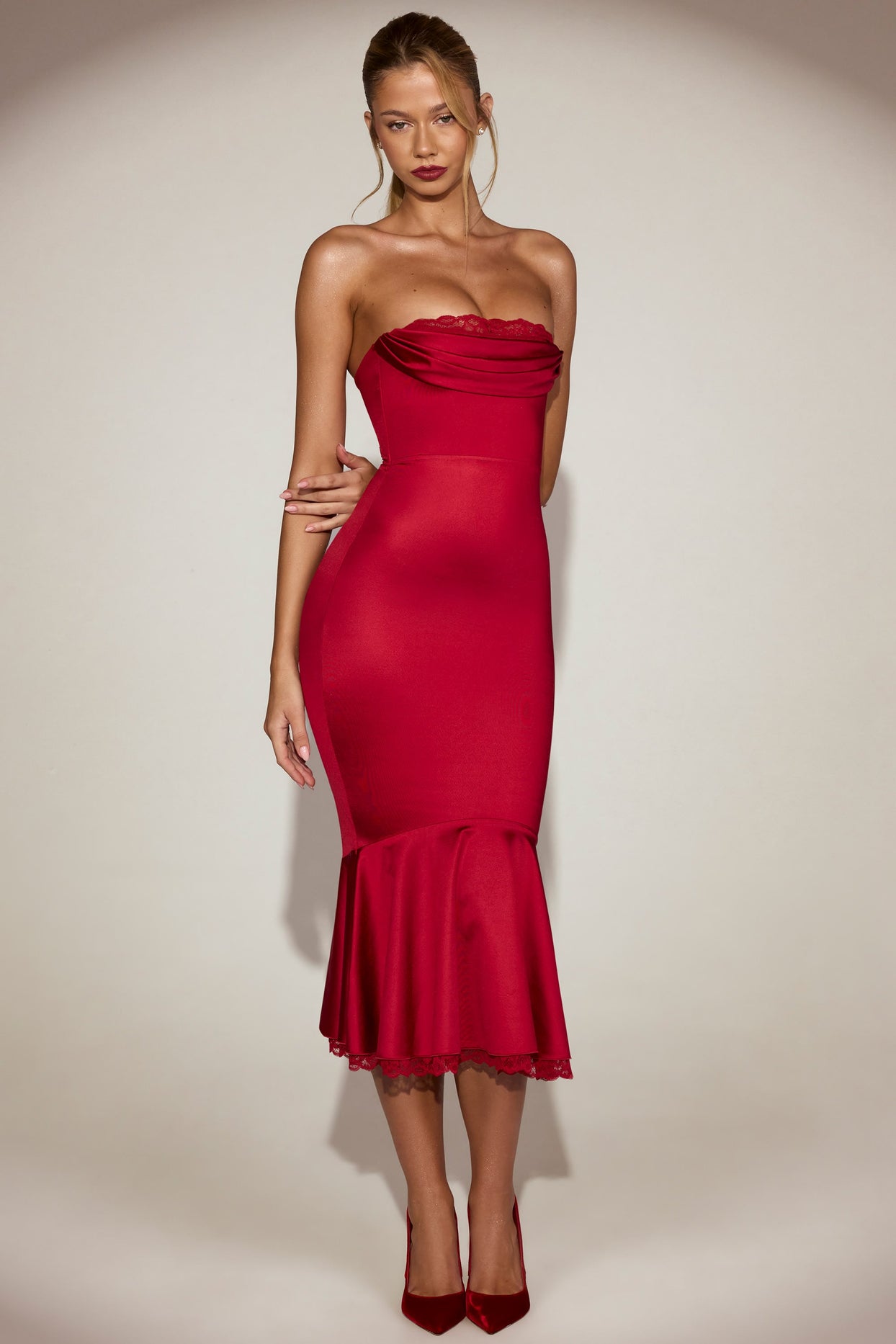 Lace-Trim Bandeau Midaxi Dress in True Red