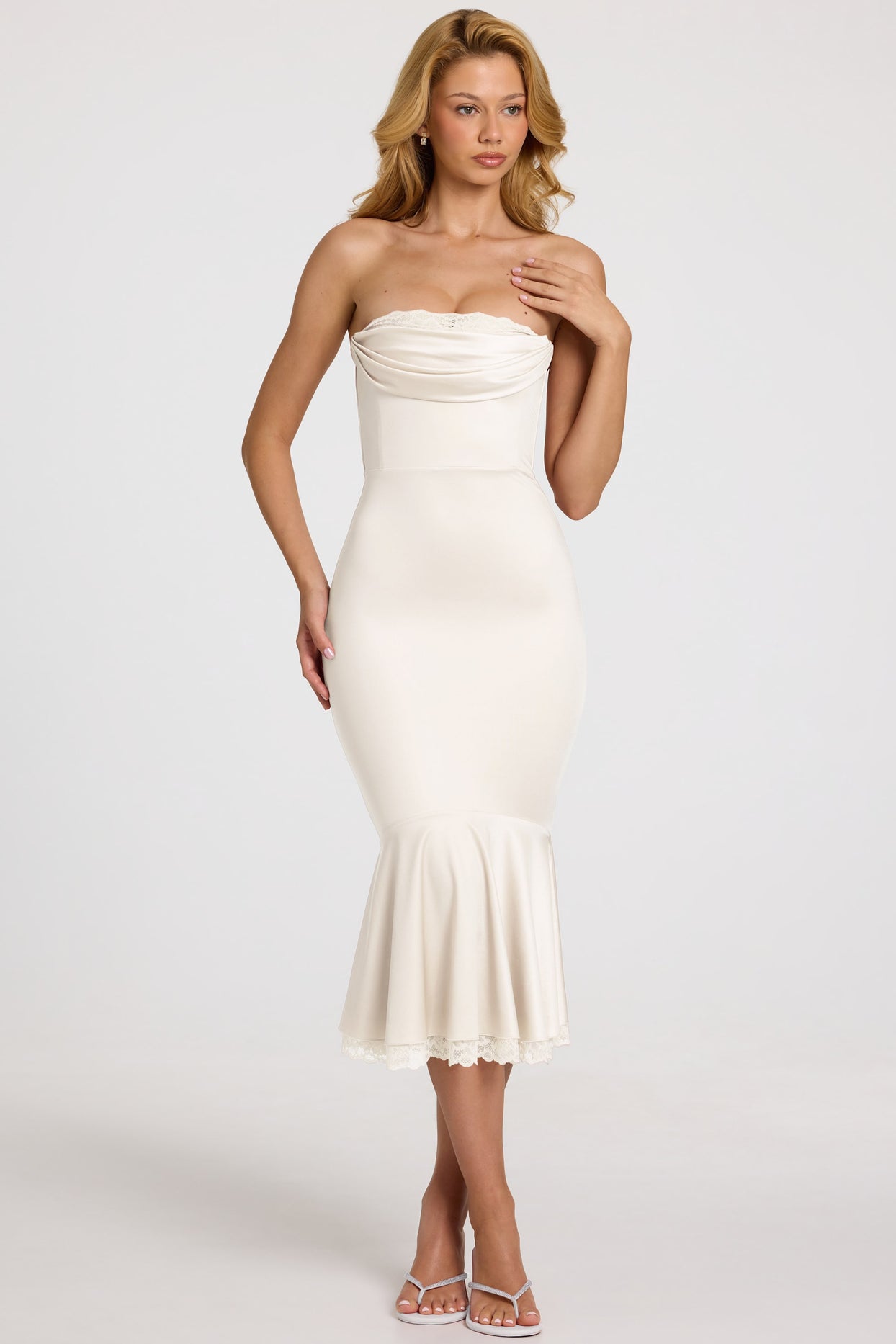 Satin Lace-Trim Bandeau Fluted Midaxi Dress in White - 7