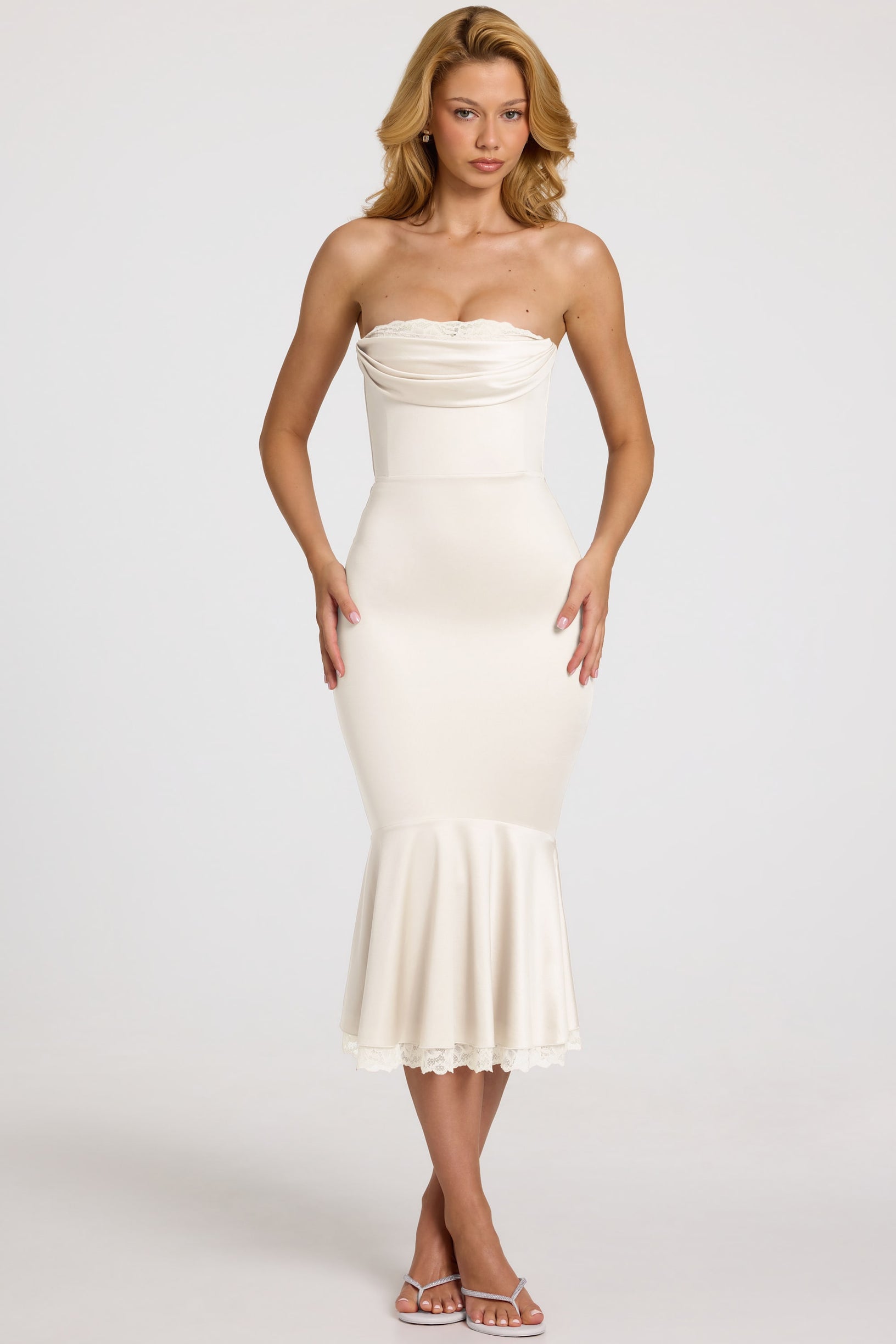Satin Lace-Trim Bandeau Fluted Midaxi Dress in White - 1