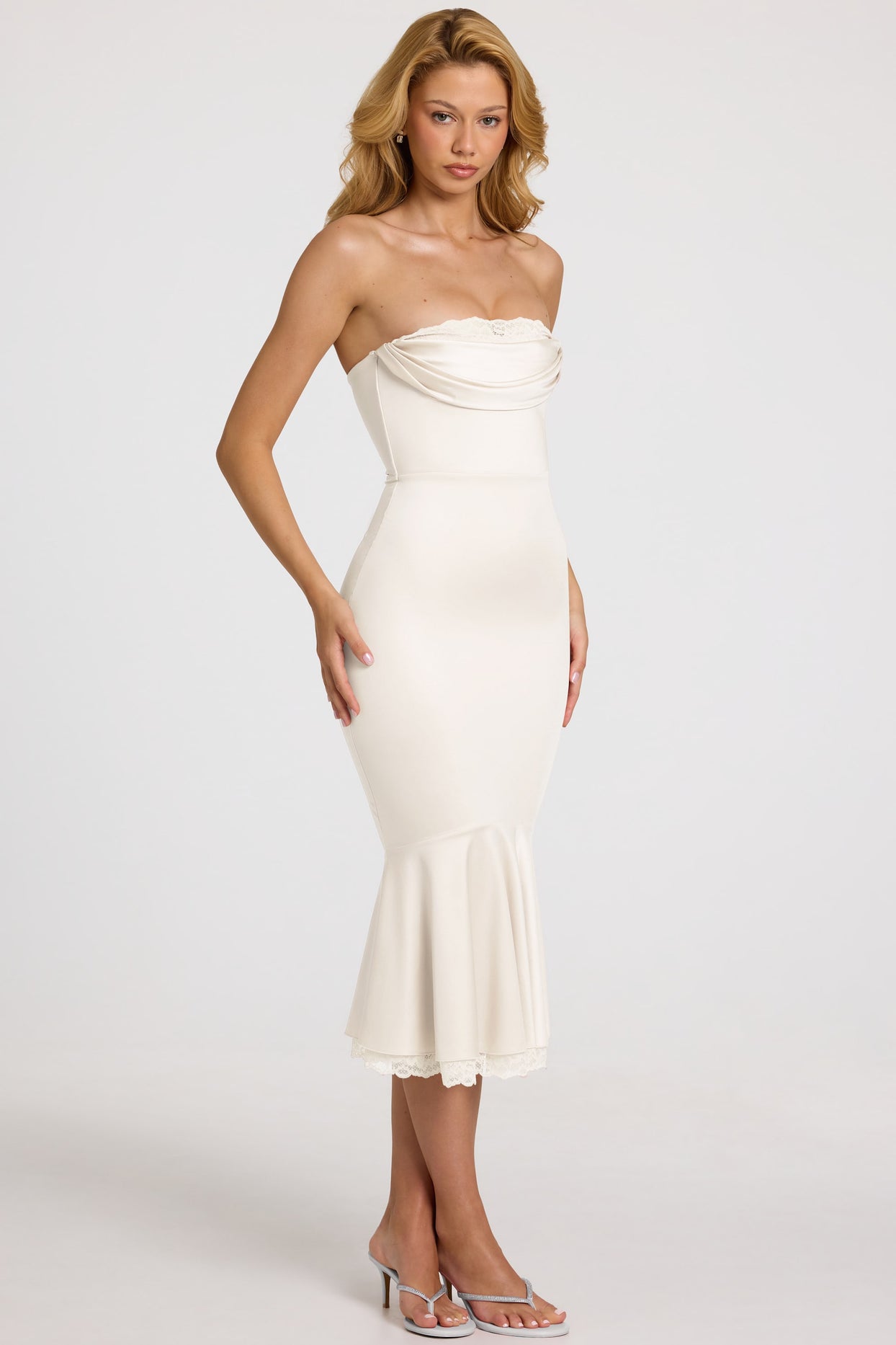 Satin Lace-Trim Bandeau Fluted Midaxi Dress in White - 8