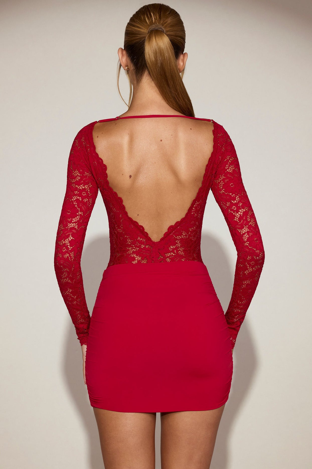 Lace Boat-Neck Mini Dress in True Red