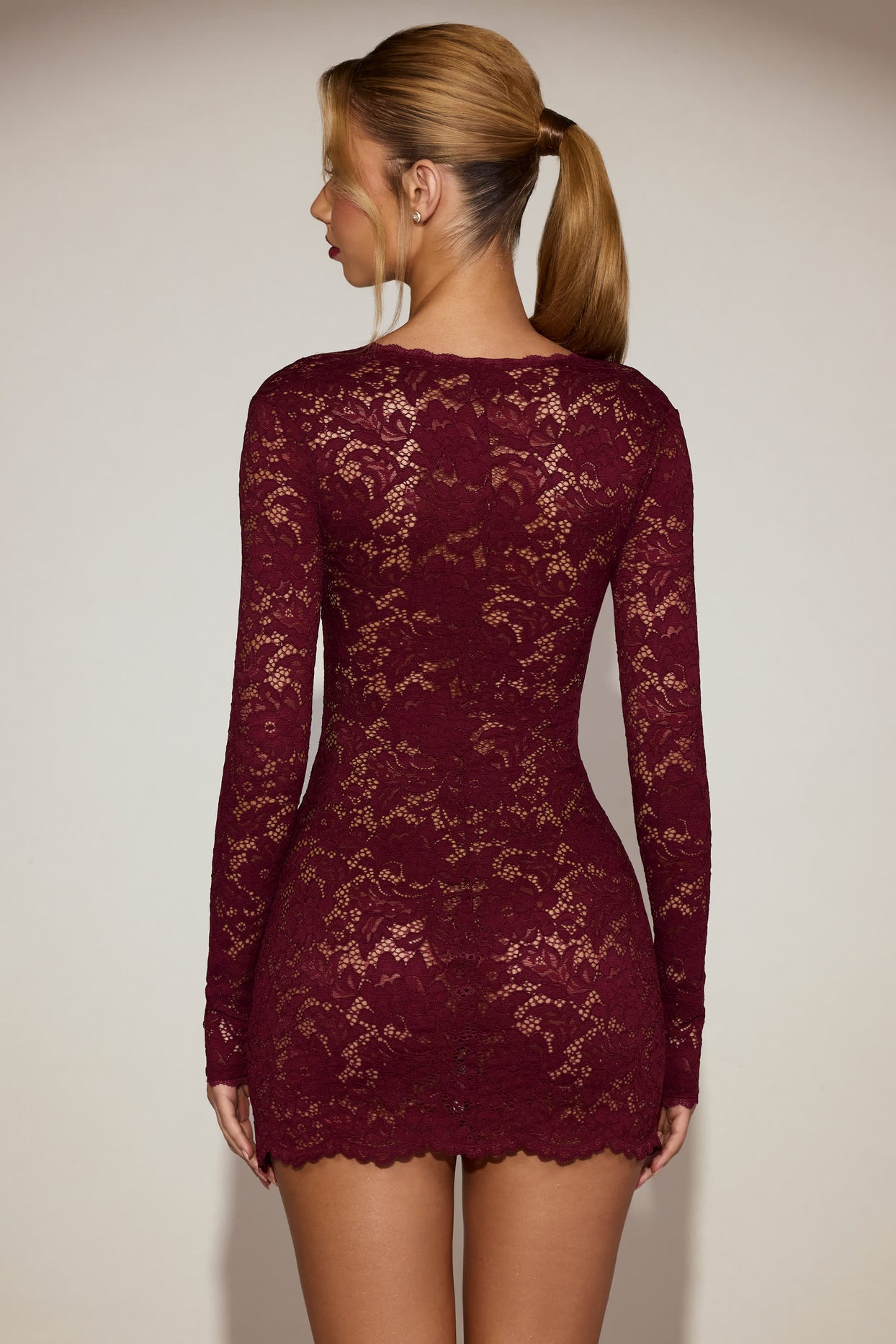 Lace Long-Sleeve Mini Dress in Wine Red