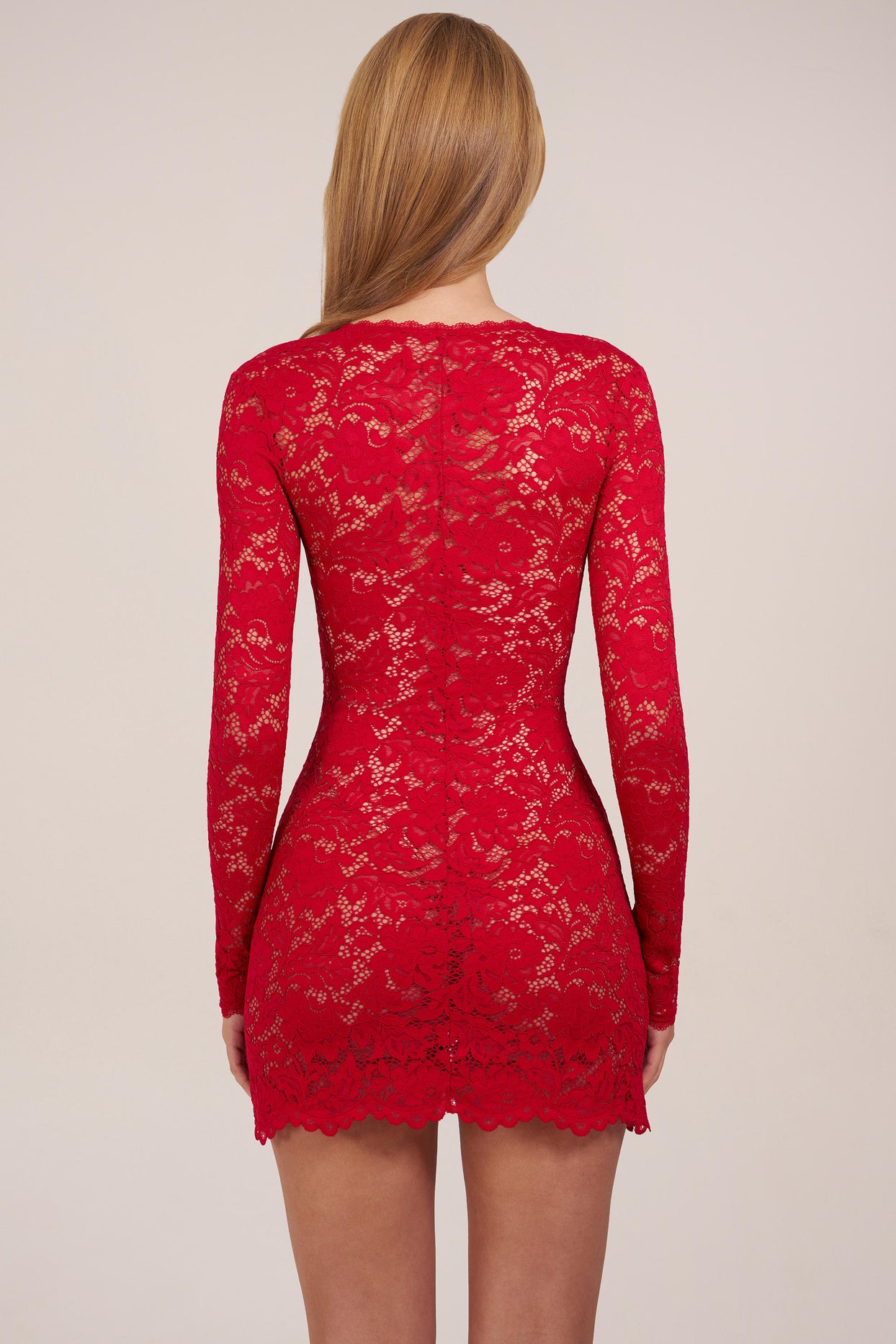 Sheer Scalloped-Lace Long-Sleeve Mini Dress in Rose Red
