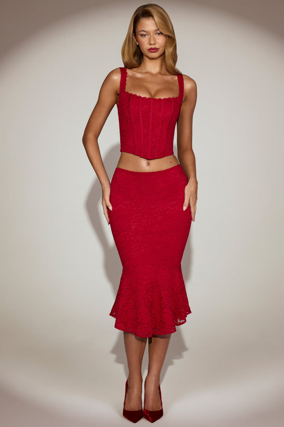 Lace Mid-Rise Midi Skirt in True Red
