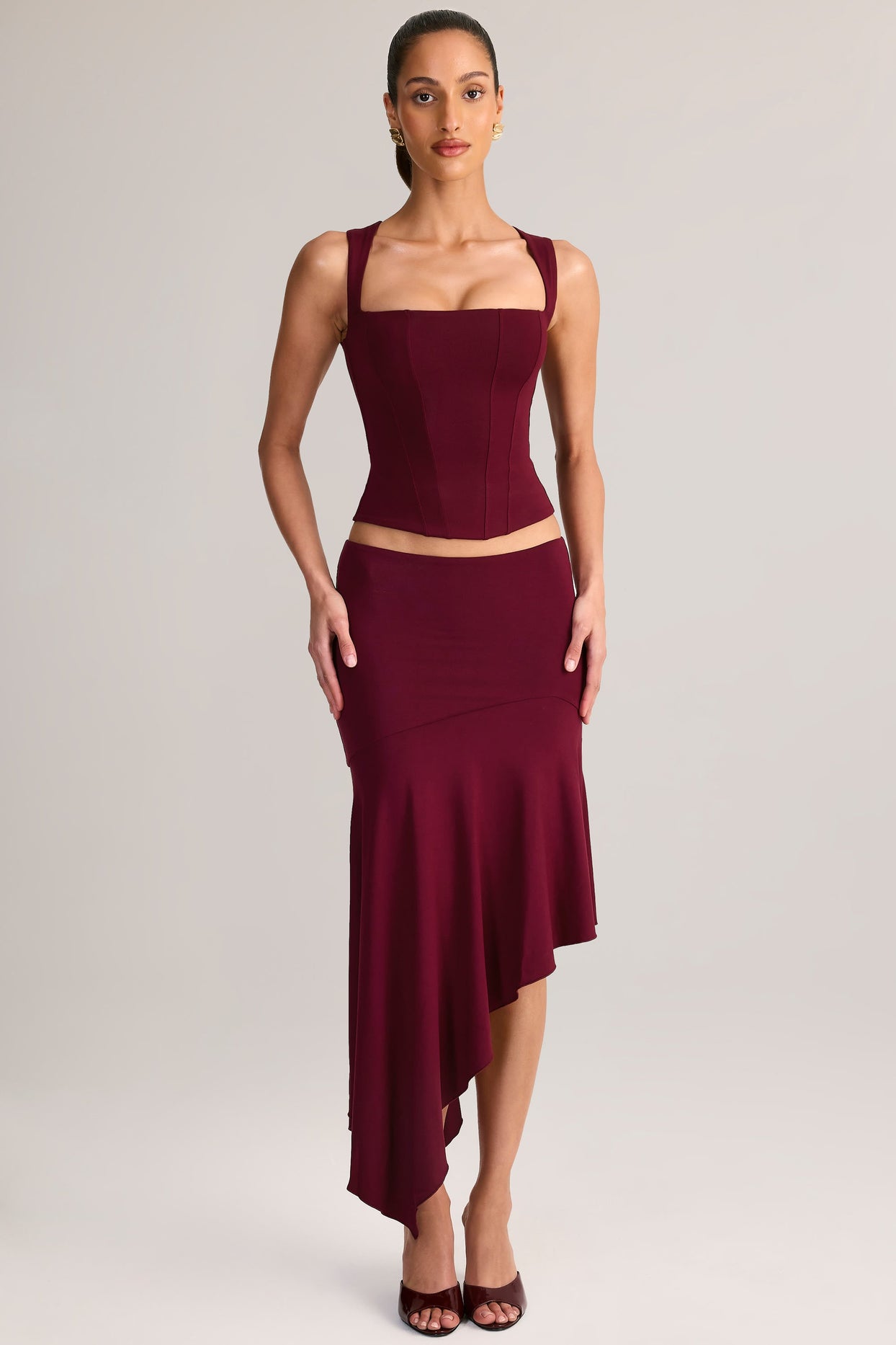 Modal Asymmetric Low-Rise Midaxi Skirt in Wine