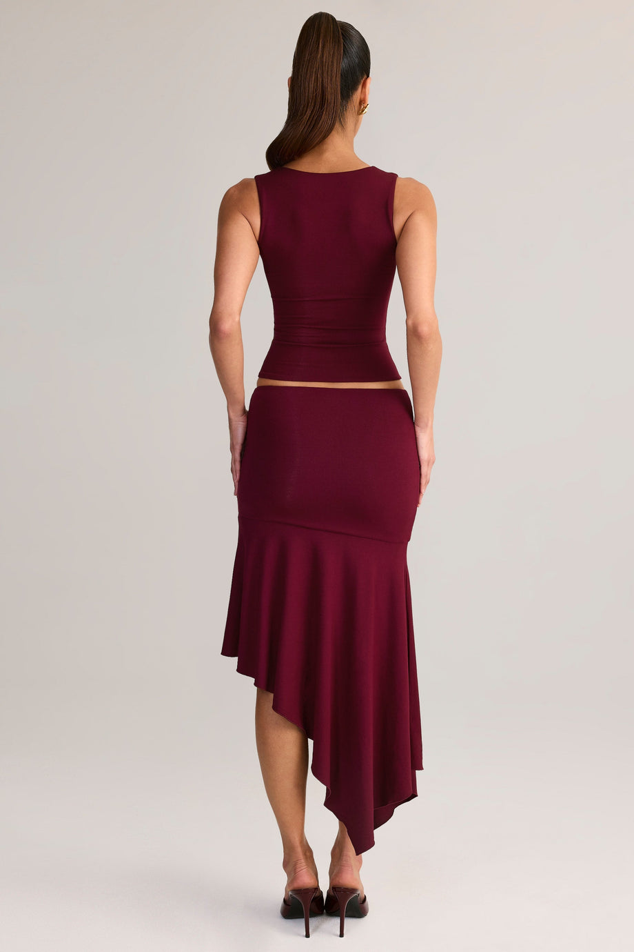 Modal Asymmetric Low-Rise Midaxi Skirt in Wine