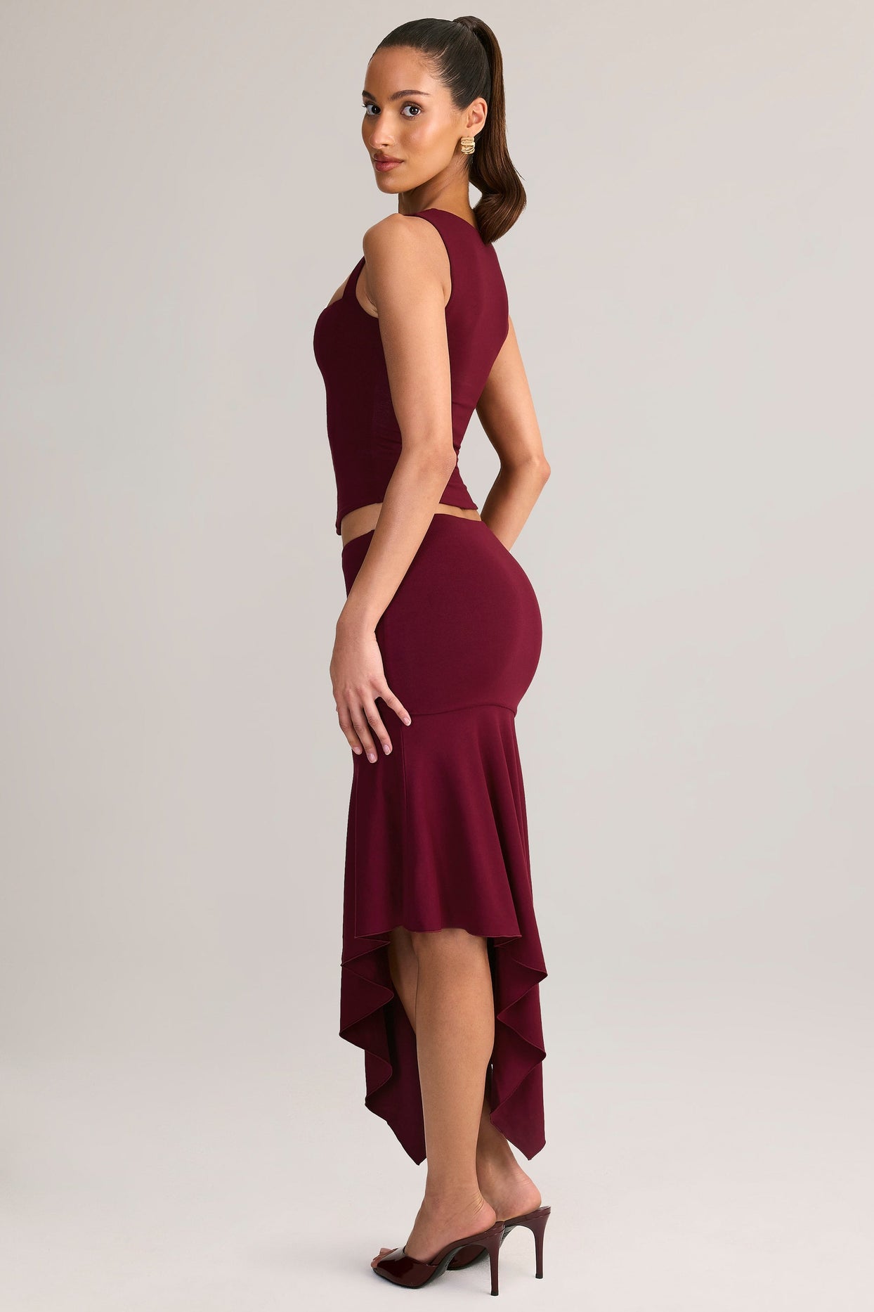 Modal Asymmetric Low-Rise Midaxi Skirt in Wine