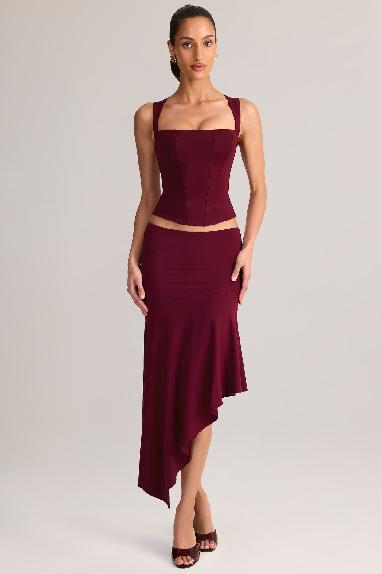 Modal Asymmetric Low-Rise Midaxi Skirt in Wine