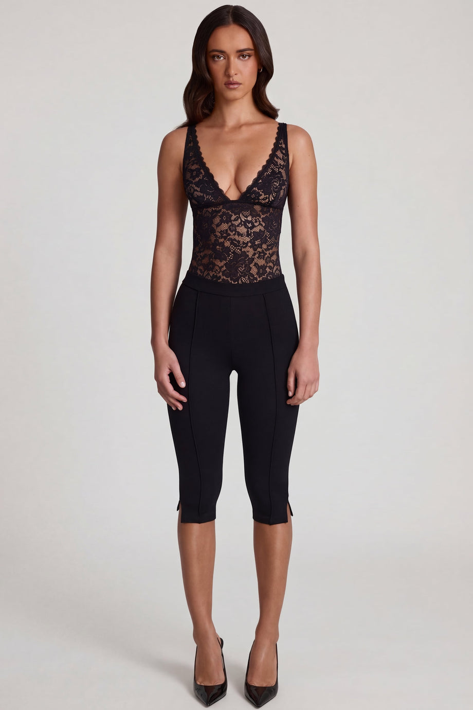 Oh Polly's Roberta wearing the Giuliana Leggings in Black Pointelle fabric perfect for gym workouts