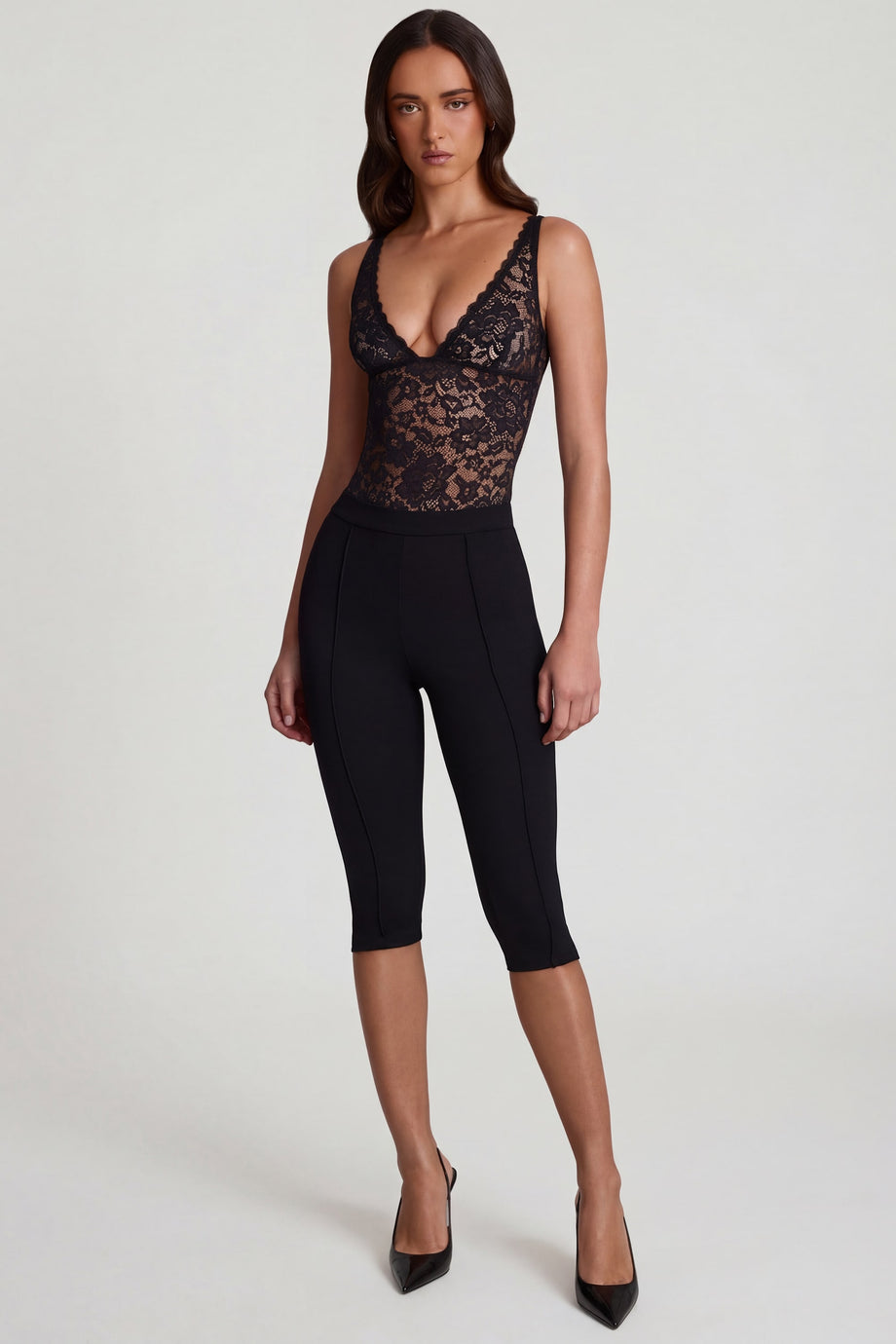 Oh Polly's Roberta wearing the Giuliana Leggings in Black Pointelle fabric perfect for yoga sessions