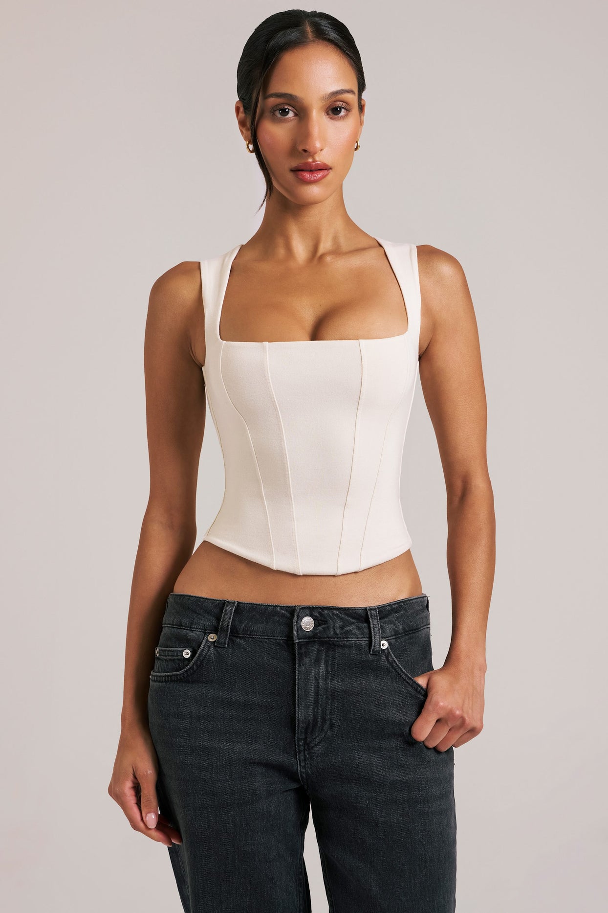Oh Polly model Yasmin wearing the Vivee Tops in Ivory Modal fabric perfect for brunch with friends