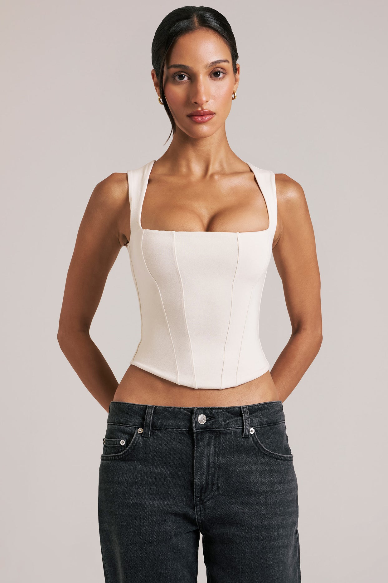 Oh Polly model Yasmin wearing the Vivee Tops in Ivory Modal fabric perfect for weekend shopping trips