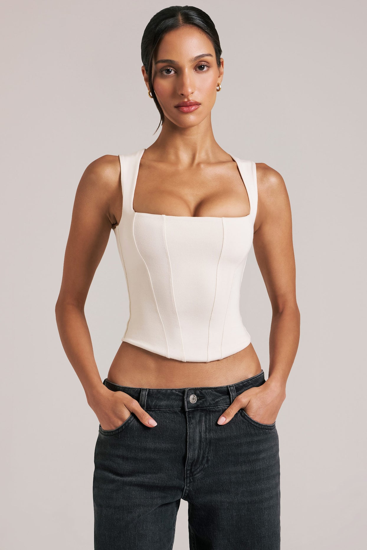 Oh Polly model Yasmin wearing the Vivee Tops in Ivory Modal fabric perfect for coffee catch-ups