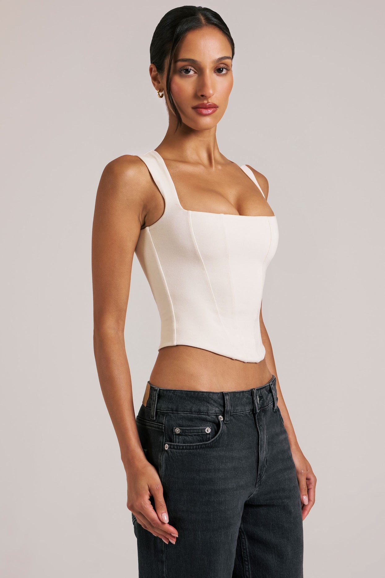 Oh Polly model Yasmin wearing the Vivee Tops in Ivory Modal fabric perfect for holiday getaways