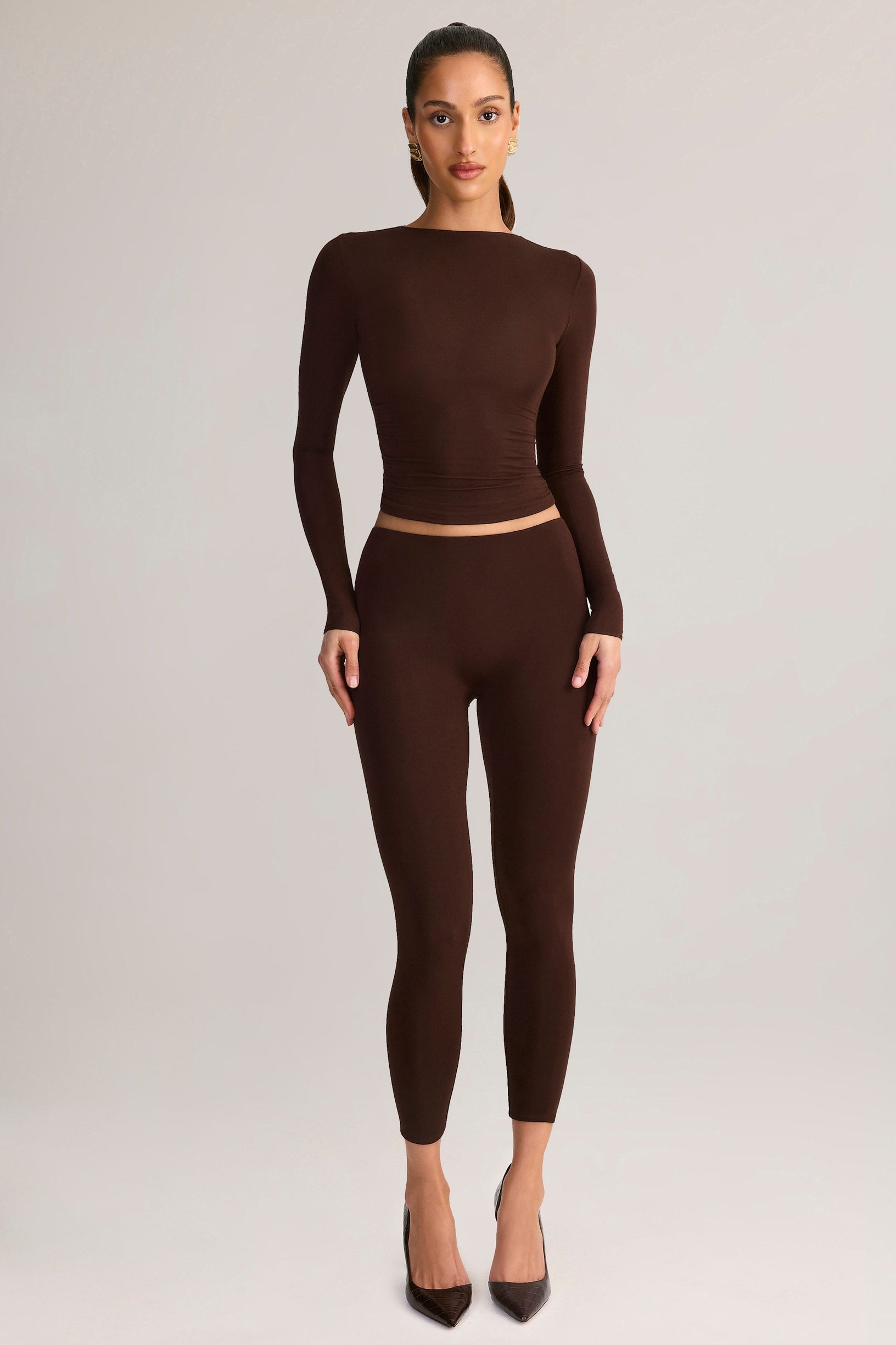 Modal Mid-Rise Cropped Leggings in Chocolate Brown - 1