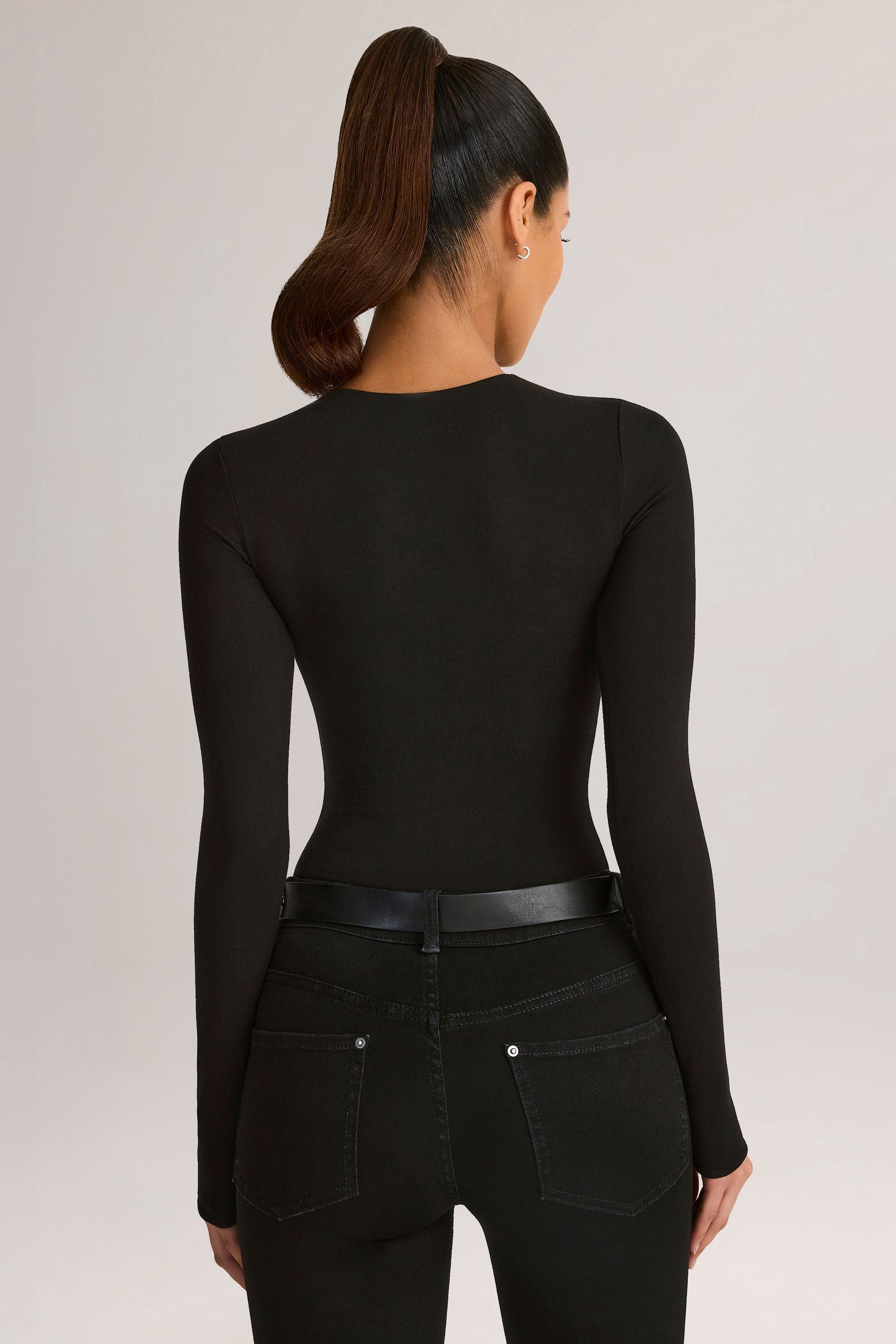 Modal Round-Neck Long-Sleeve Bodysuit in Black - 2