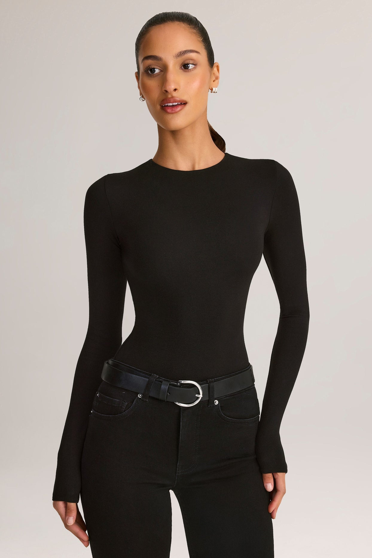 Modal Round-Neck Long-Sleeve Bodysuit in Black