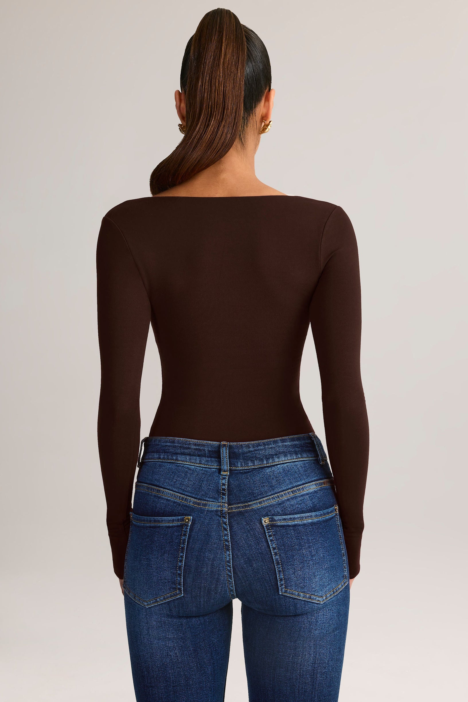 Modal Square-Neck Long-Sleeve Top in Chocolate Brown - 2