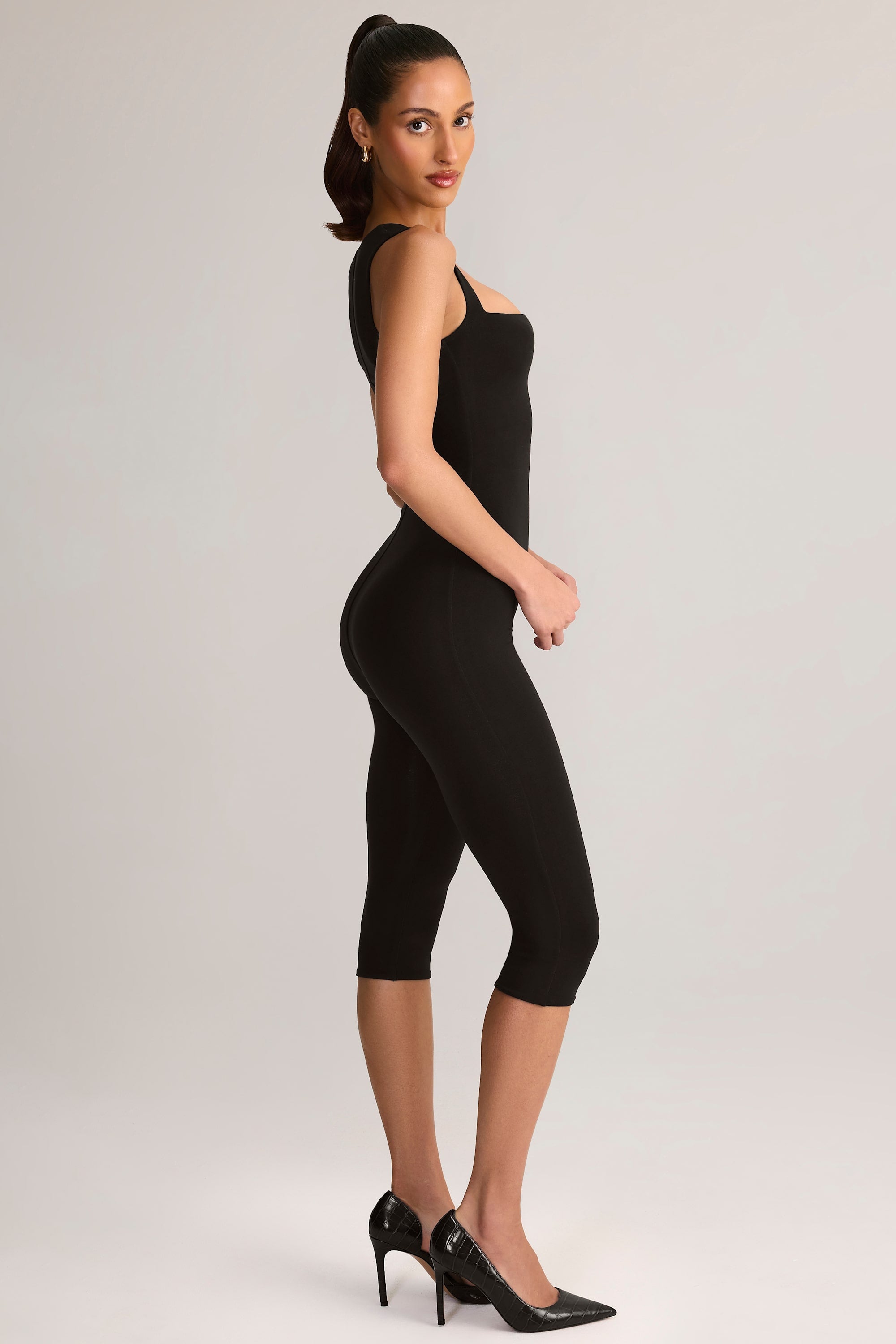 Luma Modal Scoop-Neck Capri Jumpsuit in Black | Oh Polly