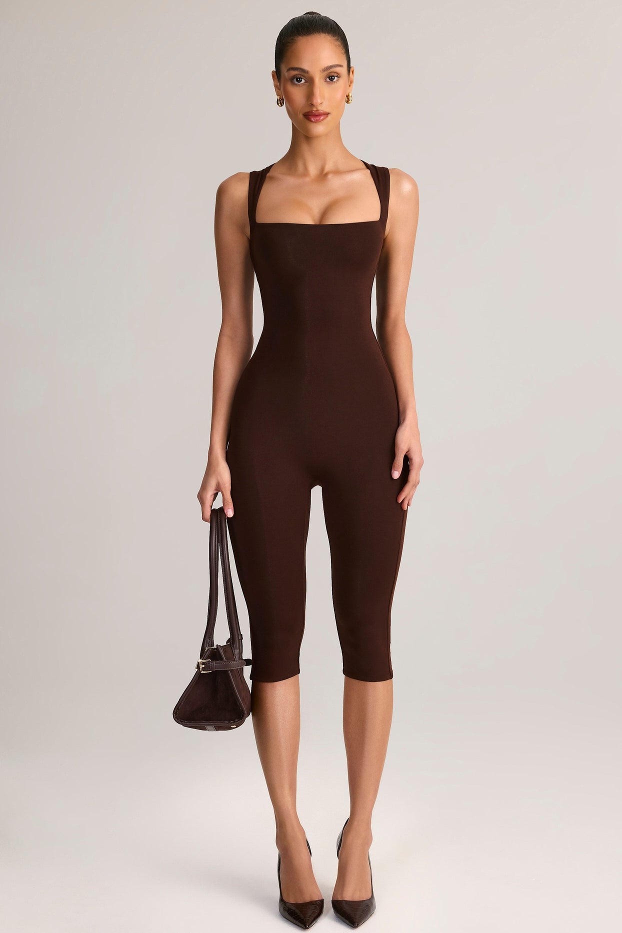 Modal Scoop-Neck Capri Jumpsuit in Chocolate Brown