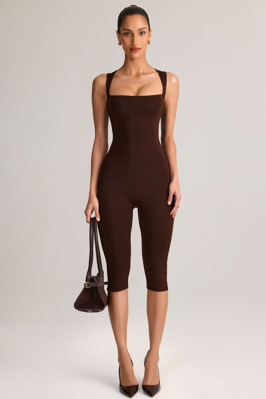 Modal Scoop-Neck Capri Jumpsuit in Chocolate Brown