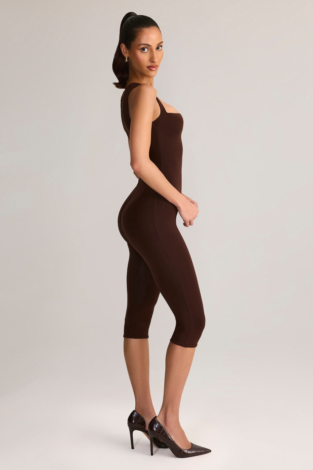 Modal Scoop-Neck Capri Jumpsuit in Chocolate Brown