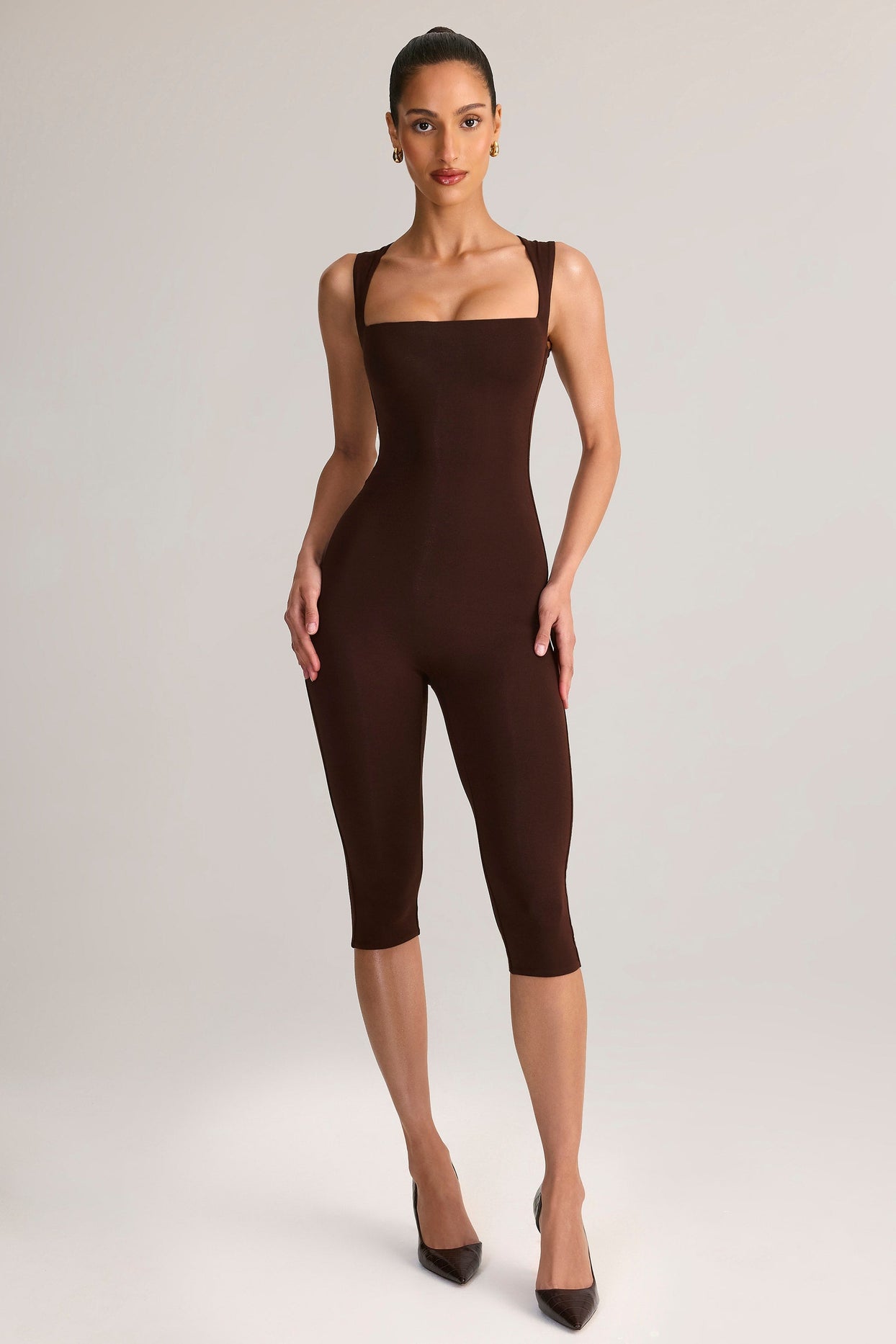 Modal Scoop-Neck Capri Jumpsuit in Chocolate Brown
