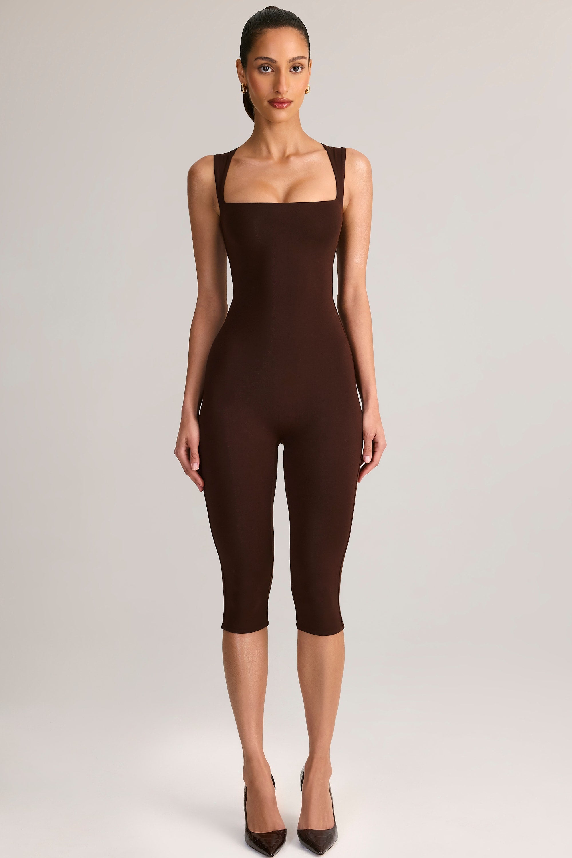 Luma Modal Scoop-Neck Capri Jumpsuit in Chocolate Brown | Oh Polly