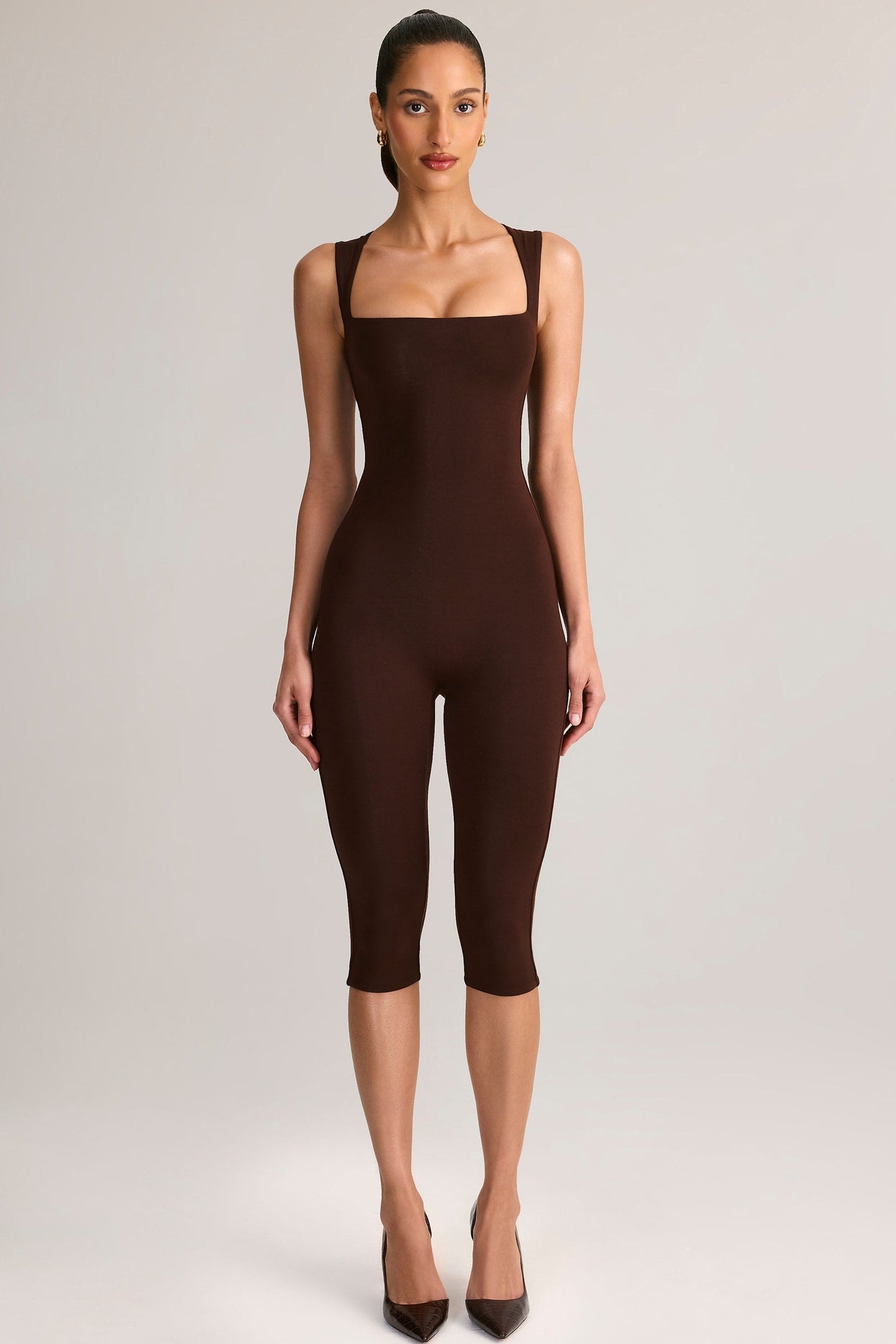 Modal Scoop-Neck Capri Jumpsuit in Chocolate Brown