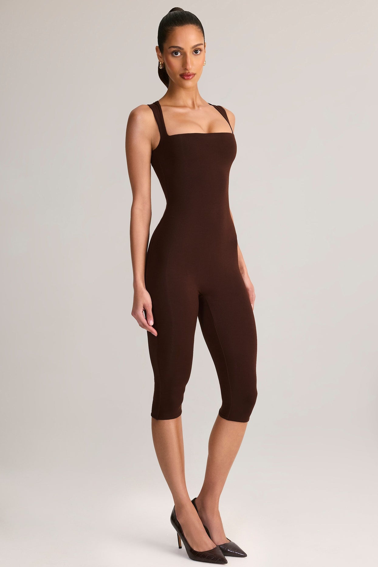 Modal Scoop-Neck Capri Jumpsuit in Chocolate Brown