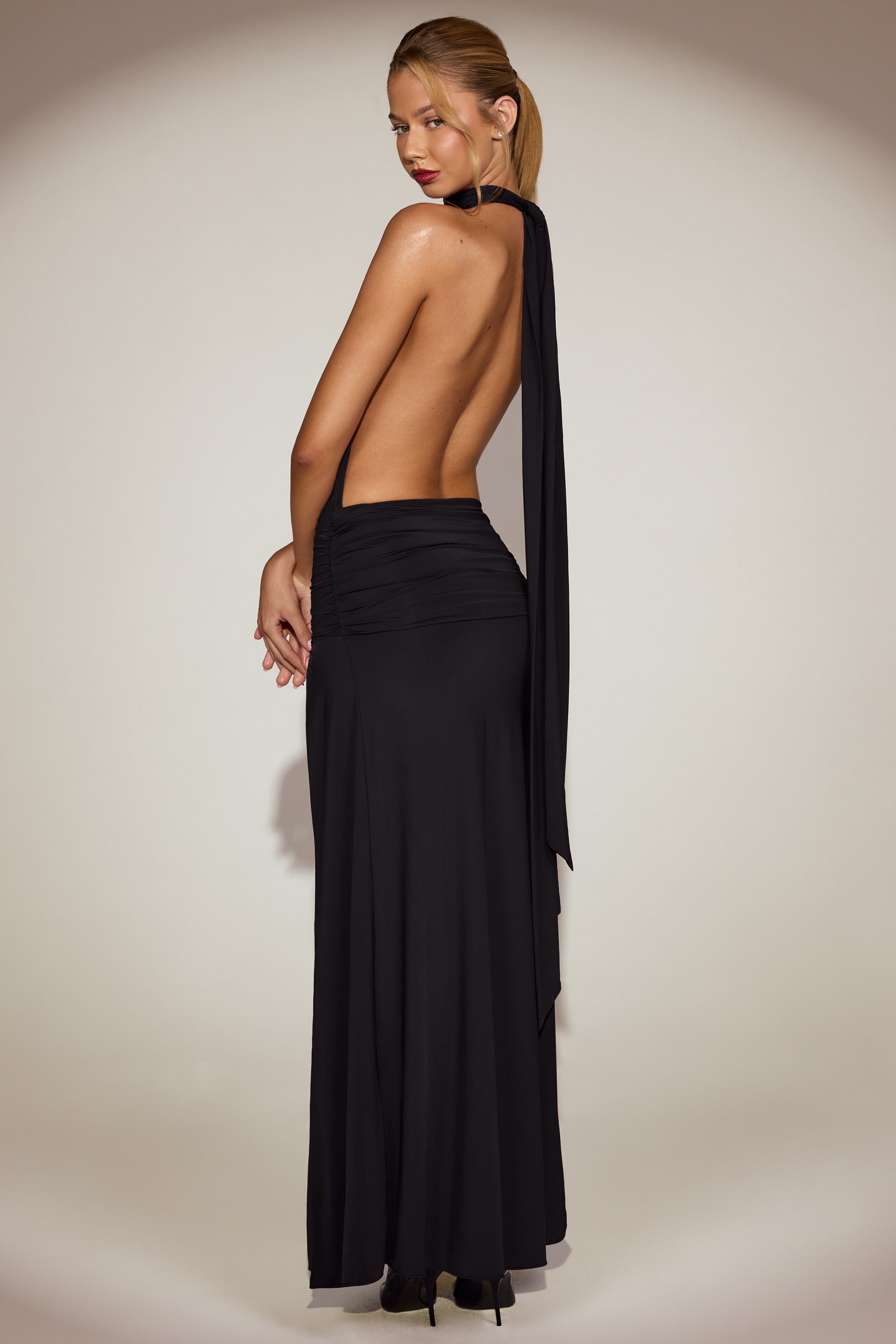 Soft-Jersey Halterneck Backless Maxi Dress in Black