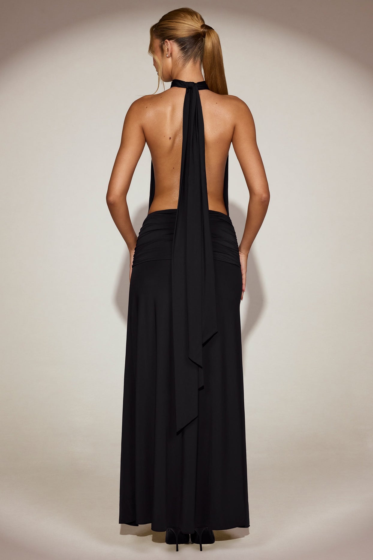 Draped Tie-Neck Maxi Dress in Black