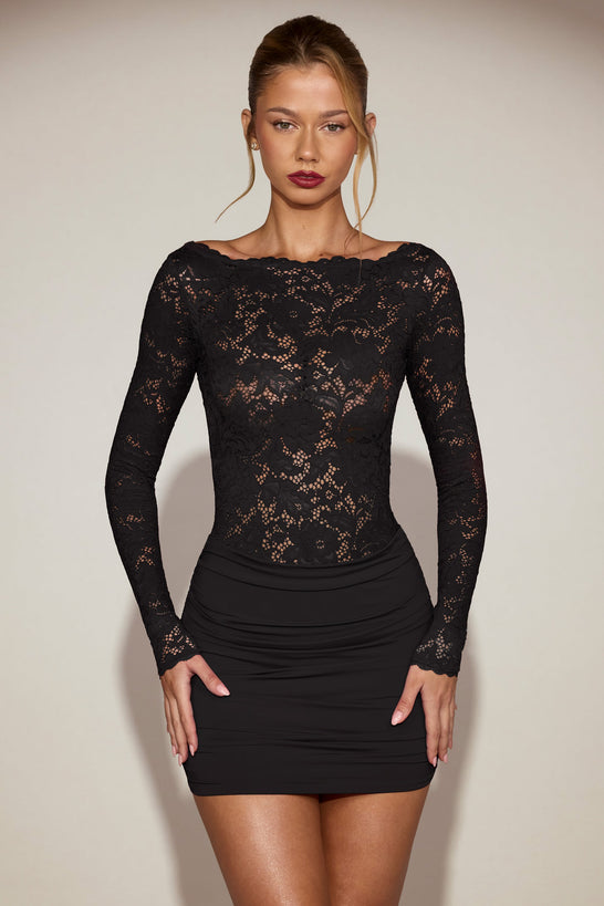 Lace Boat-Neck Mini Dress in Black