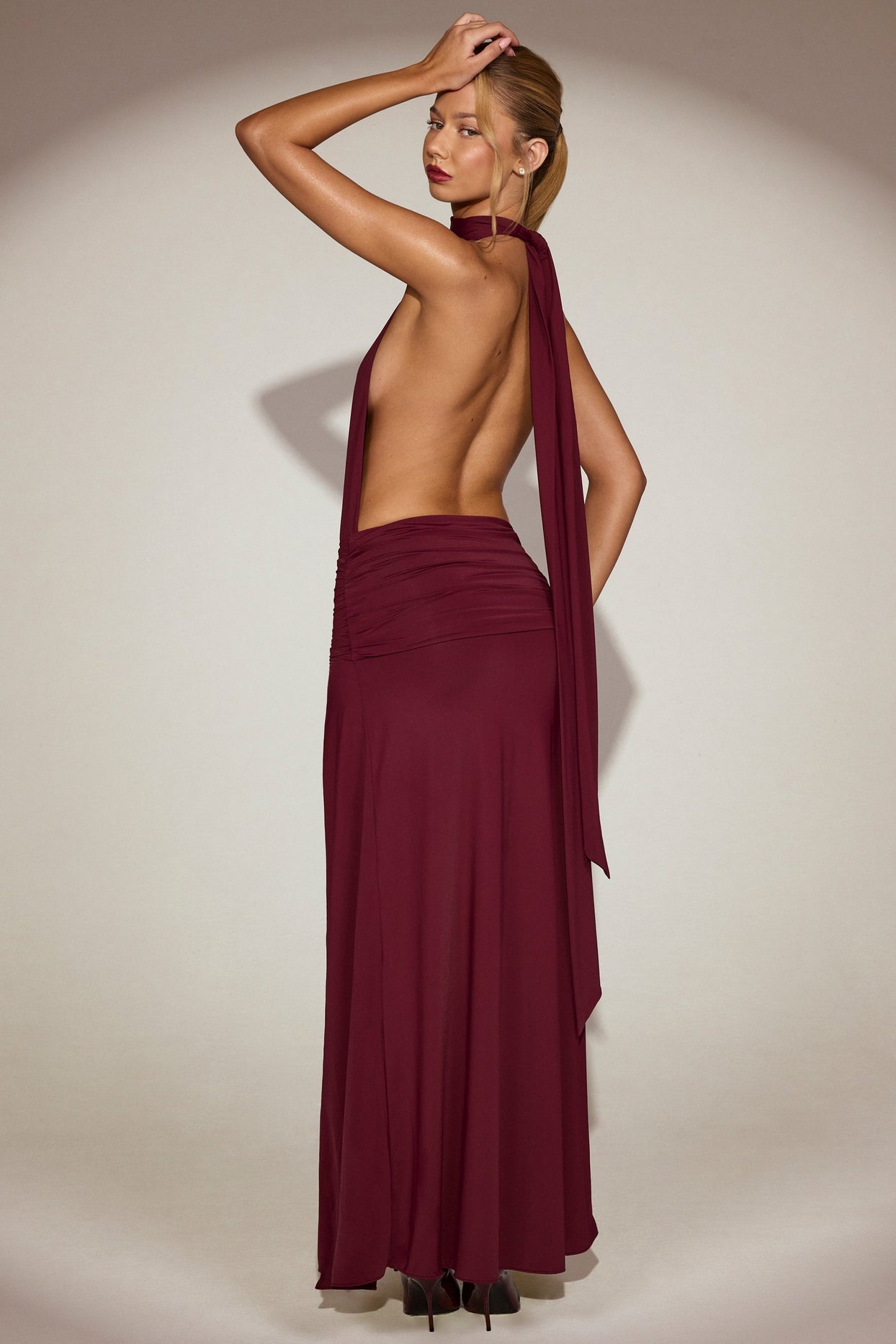 Draped Tie-Neck Maxi Dress in Wine Red