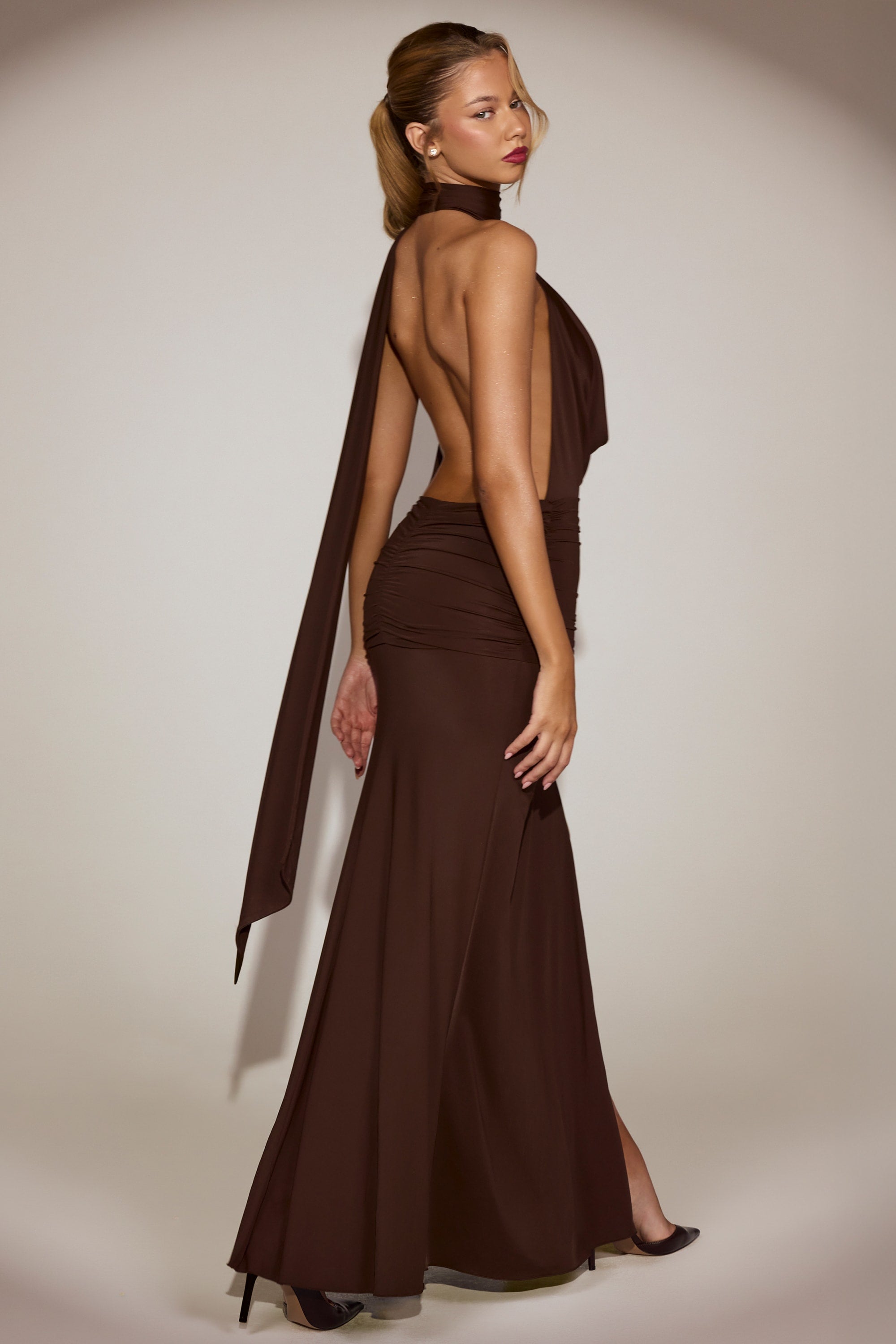 Soft-Jersey Plunge Halterneck Maxi Dress in Chocolate Brown
